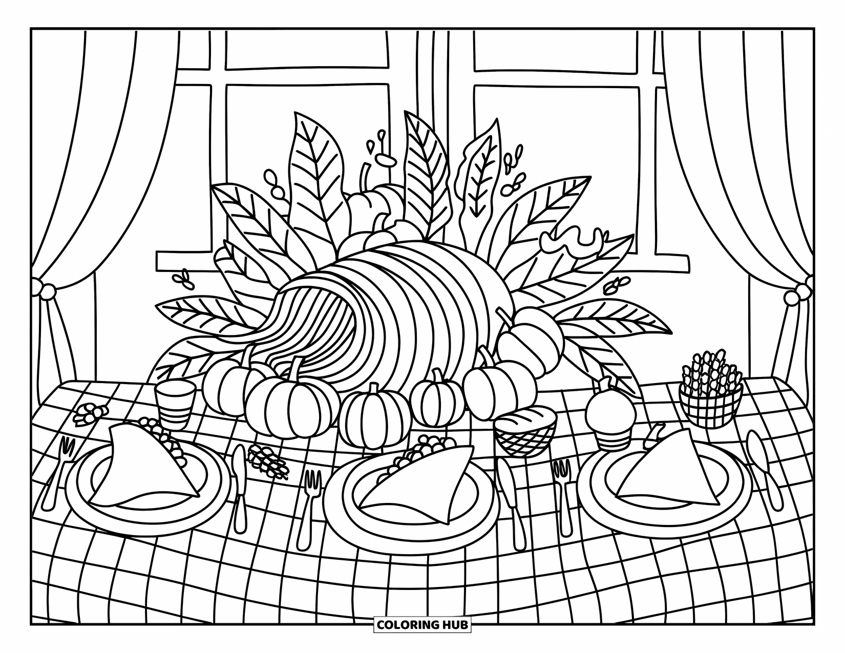 Cornucopia Coloring Page for Adults: A cornucopia sits on a checkered table surrounded by apples, bread, and wheat
