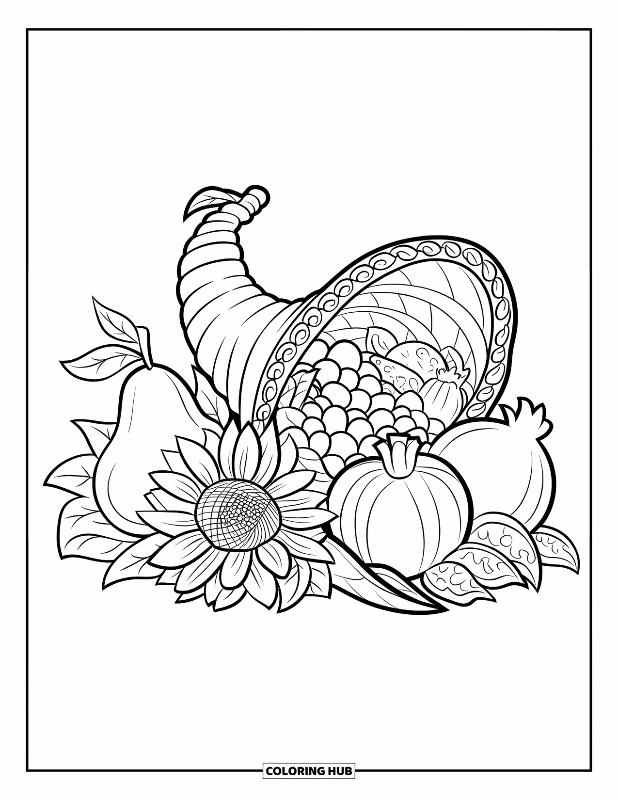 Cornucopia Coloring Page for Adults: A cornucopia sits with a pear, sunflower, and pomegranate beside swirling curls