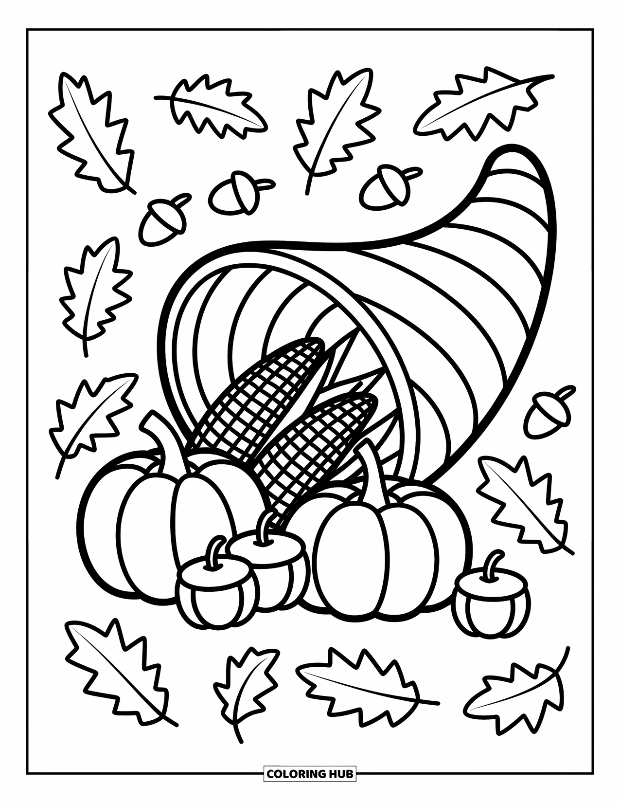 Cornucopia Coloring Page for Adults: A cornucopia tilts as pumpkins and apples spill beside playful leaves and swirls