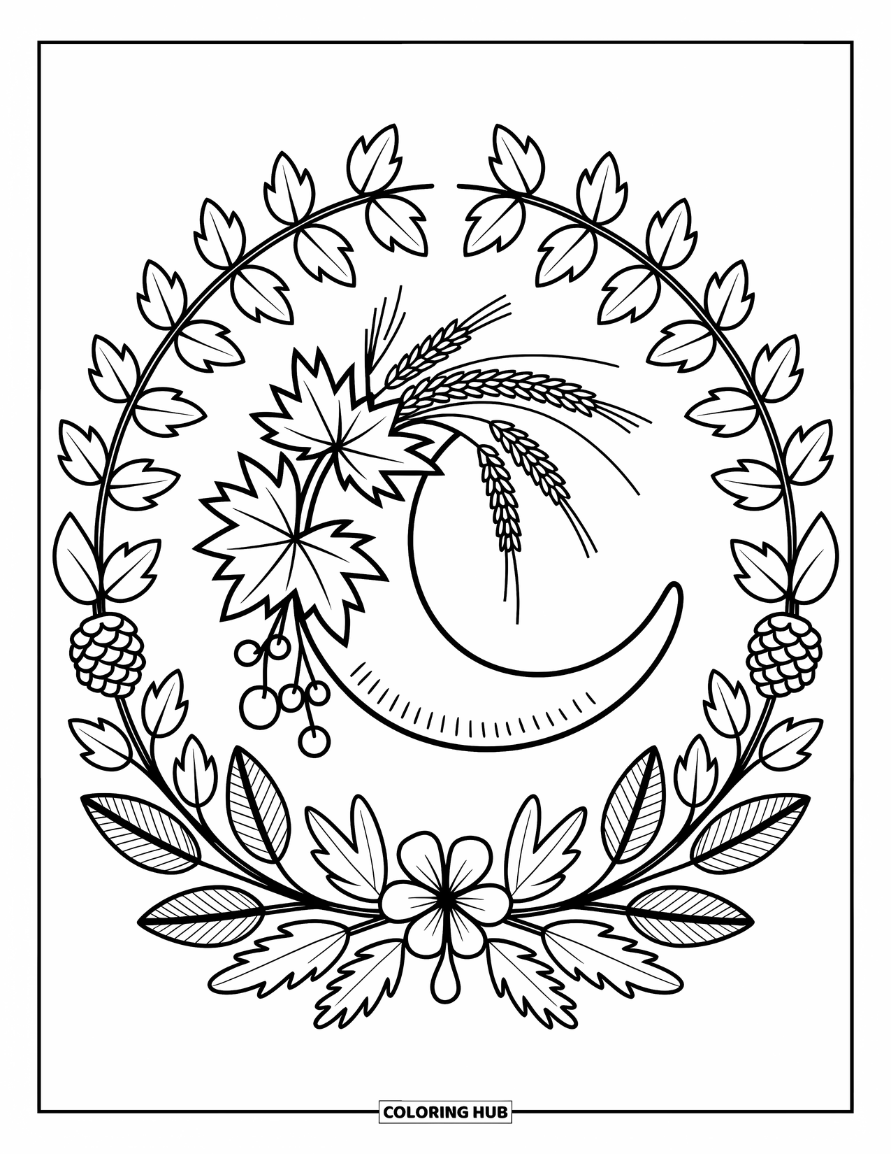 Cornucopia Coloring Page for Adults: A festive horn sits at the center of a circular frame made of cozy fall items
