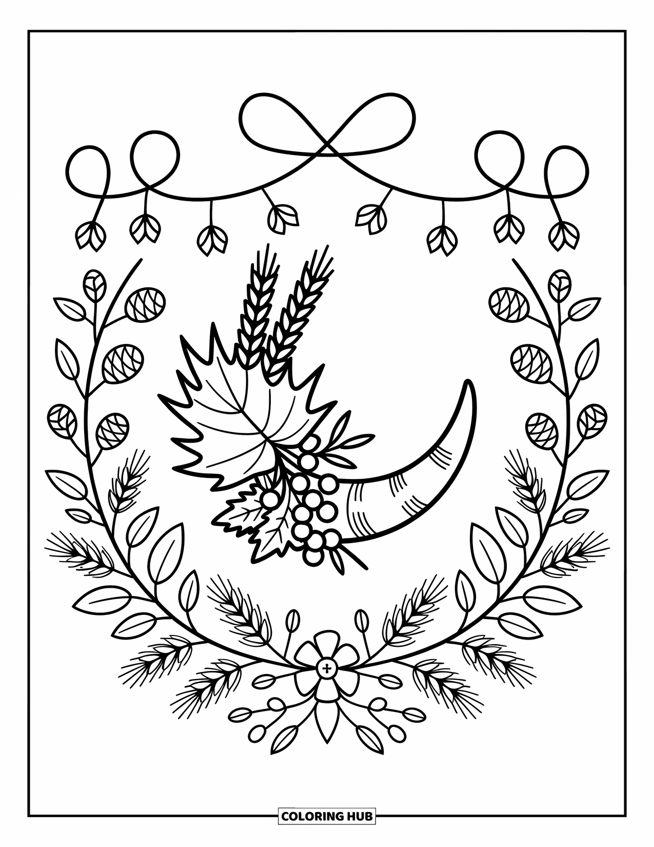 Cornucopia Coloring Page for Adults: A horn with berries and leaves is framed by cozy pinecones and bundled herbs