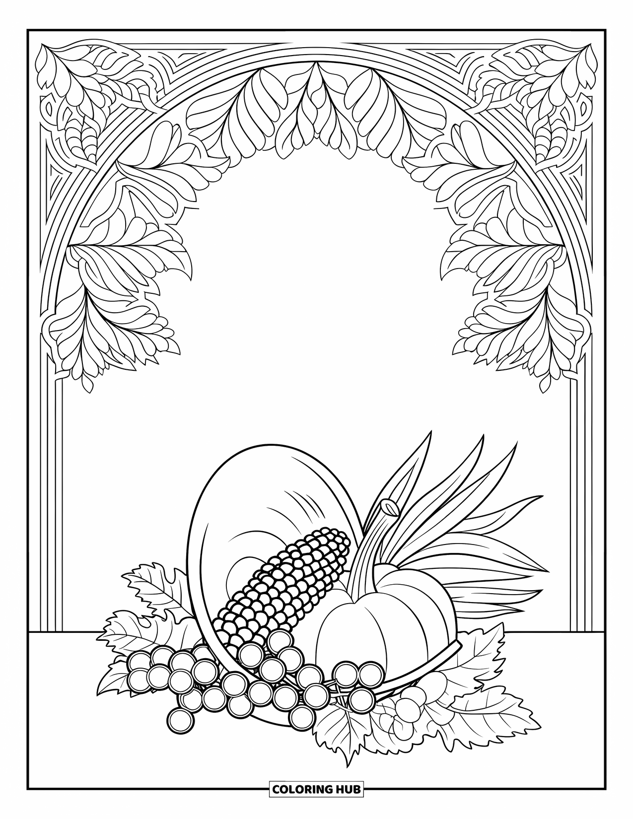 Cornucopia Coloring Page for Adults: A leafy arch tops a horn filled with grapes, corn, and squash