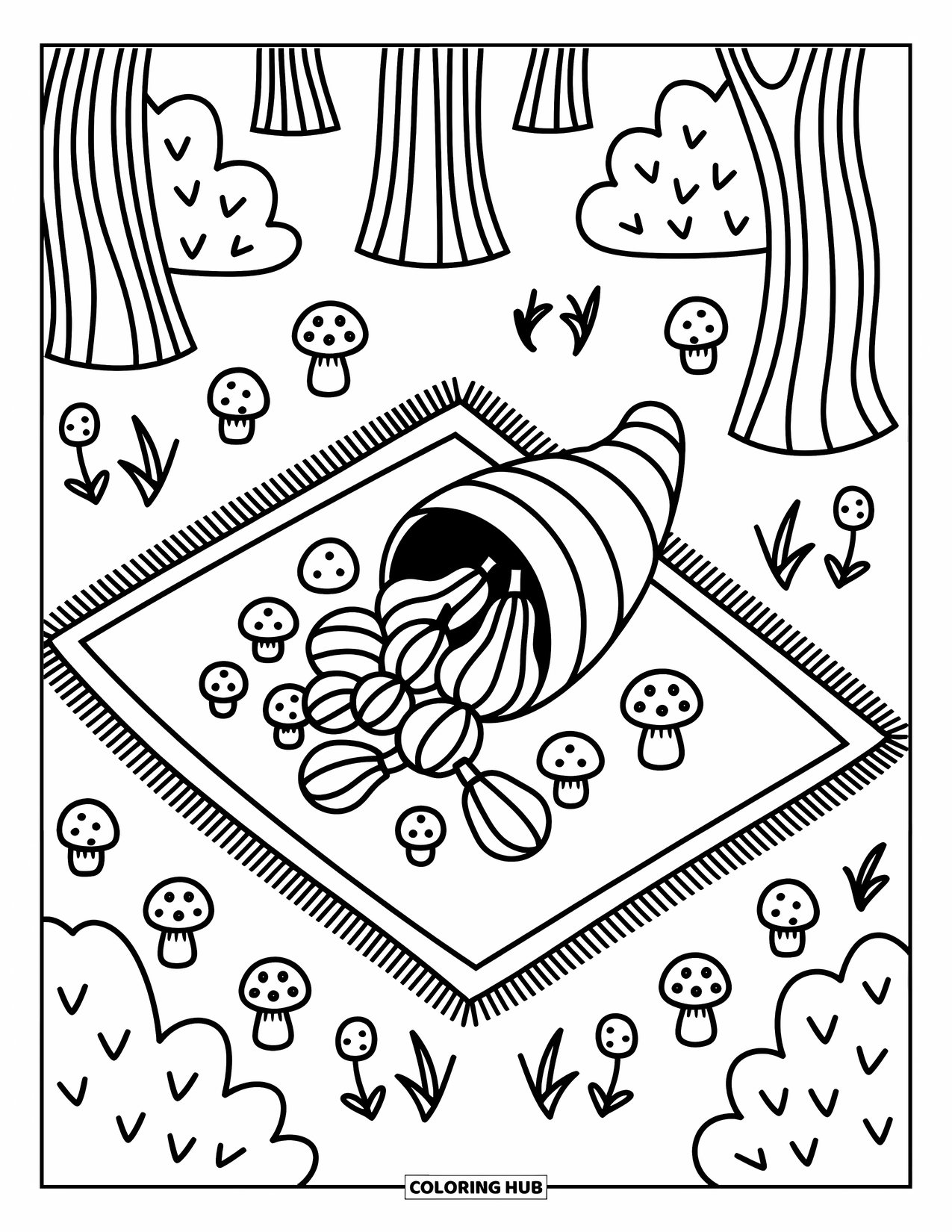 Cornucopia Coloring Page for Adults: A picnic blanket holds a cornucopia filled with squash and mushrooms in the forest
