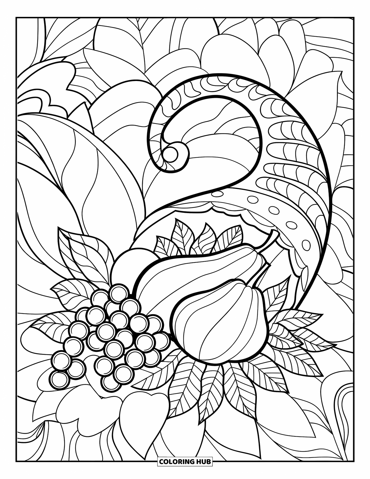 Cornucopia Coloring Page for Adults: A relaxing mandala-style cornucopia overflows with fruit and swirls for adults to color