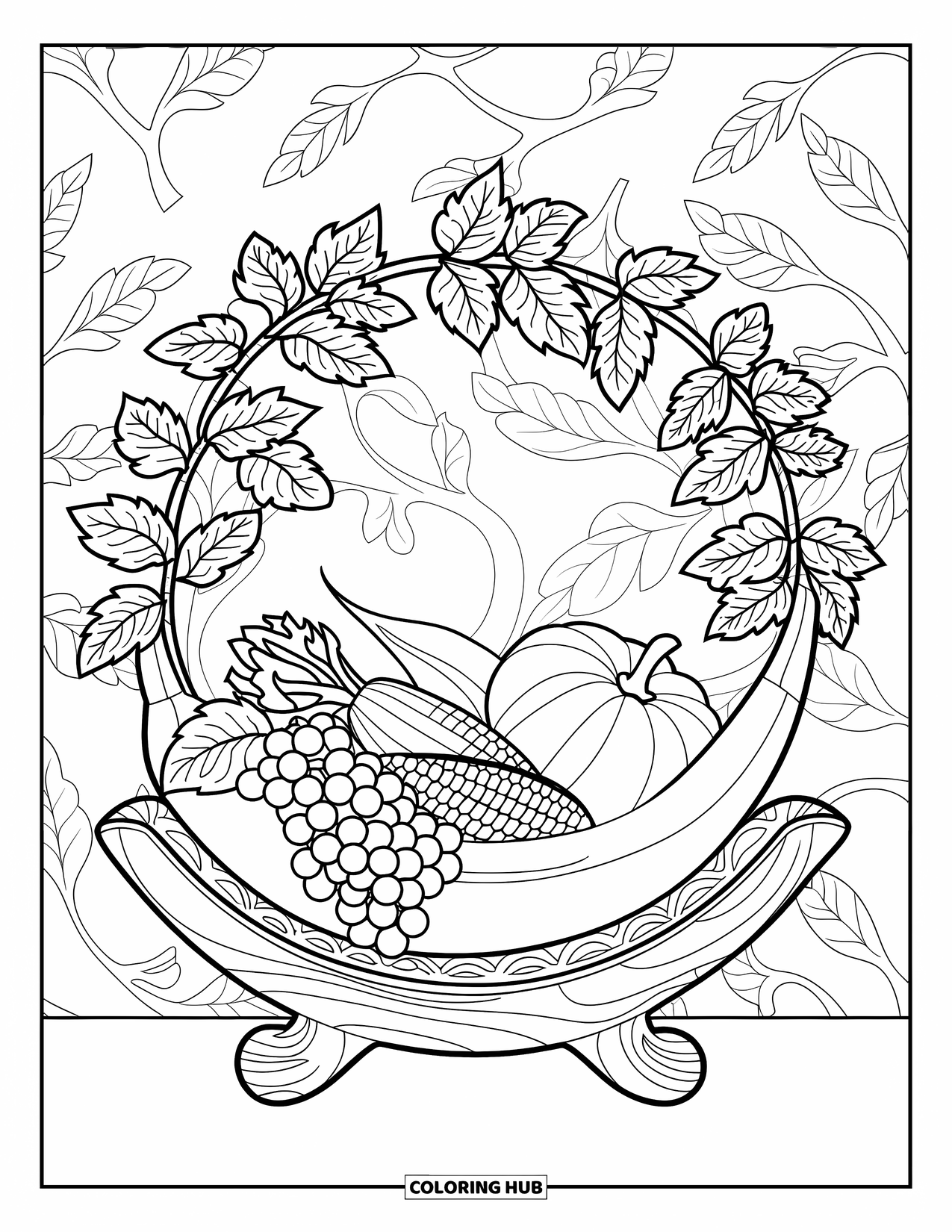 Cornucopia Coloring Page for Adults: Corn, squash, and grapes spill from a horn with leafy arches and patterns