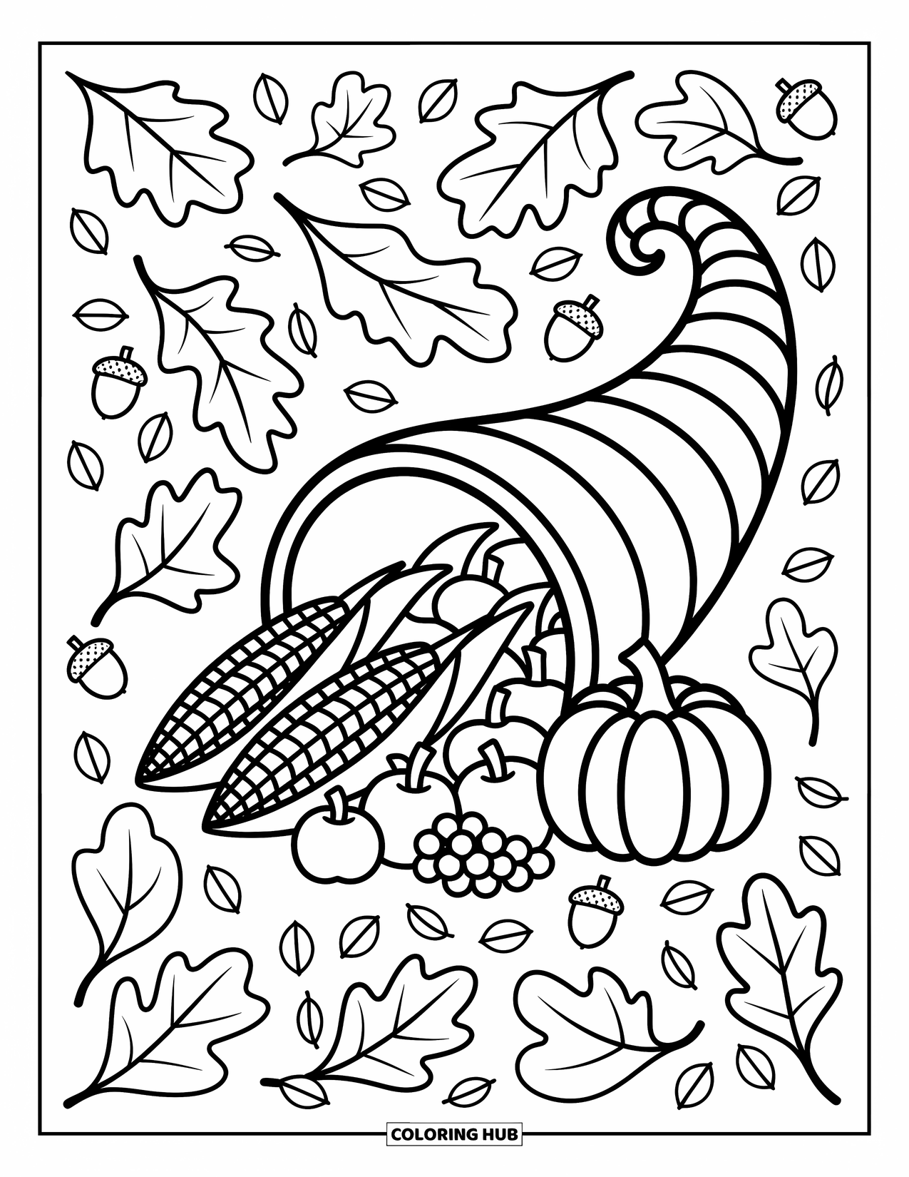 Cornucopia Coloring Page for Adults: Pumpkins and grapes spill from a cornucopia surrounded by leaves and cozy vines