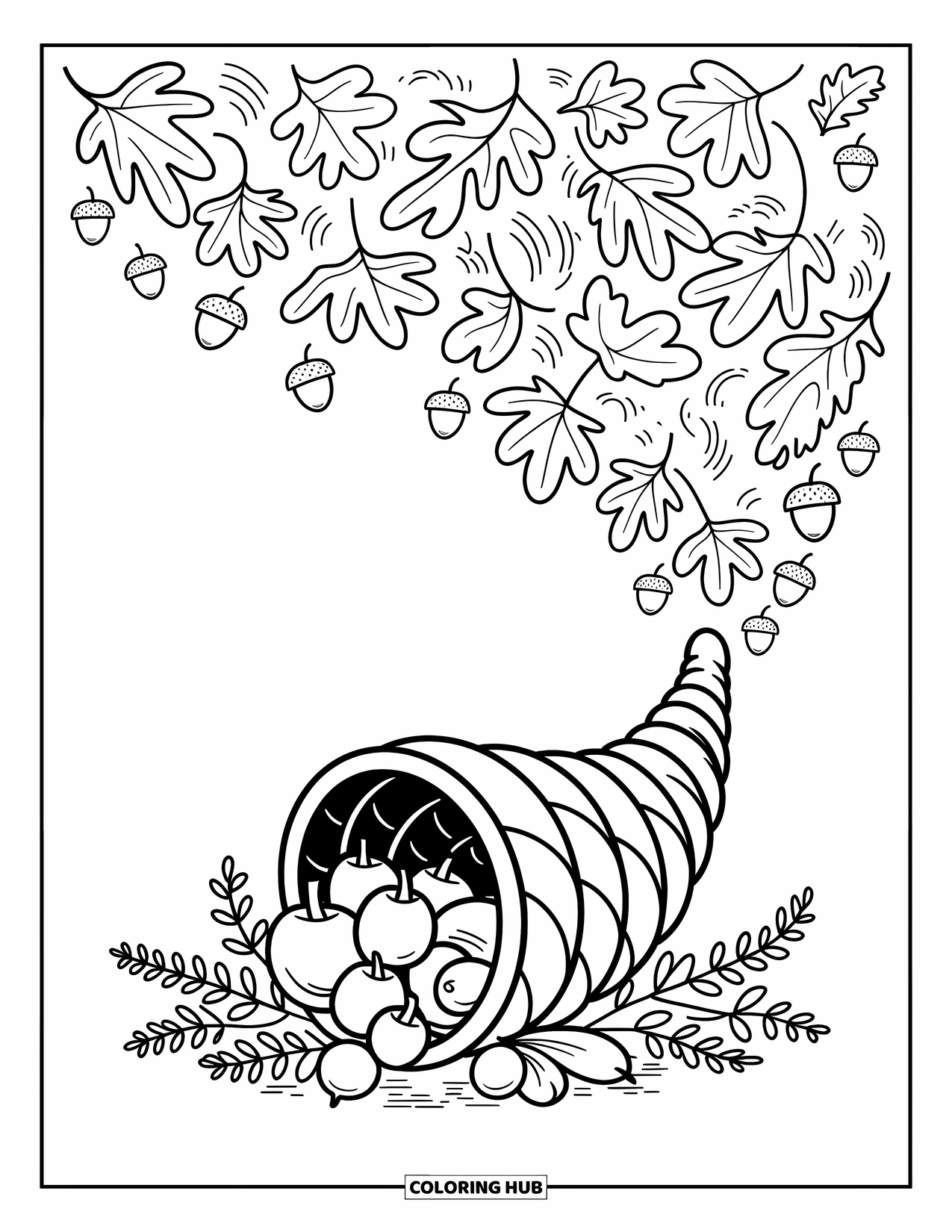 Cornucopia Coloring Page for Adults: Seasonal produce fills a cornucopia with playful leaves and twigs floating all around