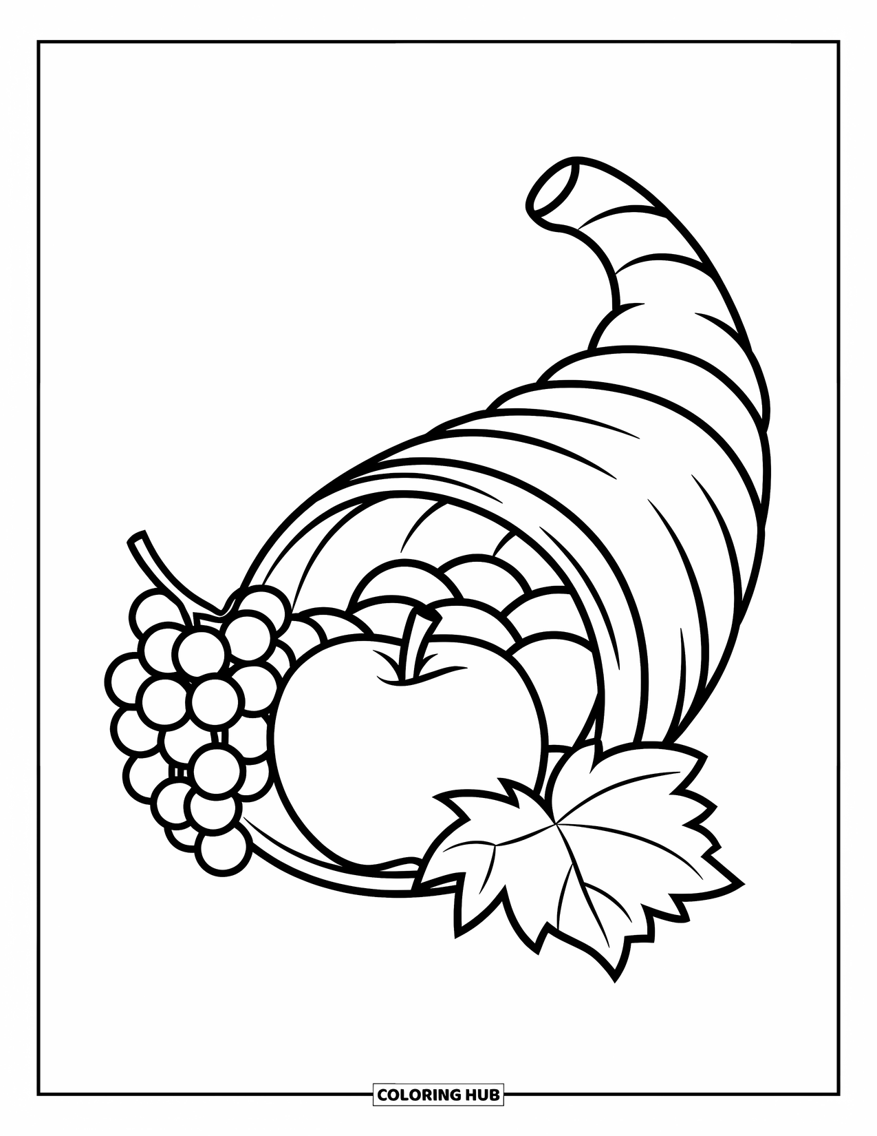 Cornucopia Coloring Page for Kids: A basket cornucopia holds an apple, grapes, and a leaf in a playful style