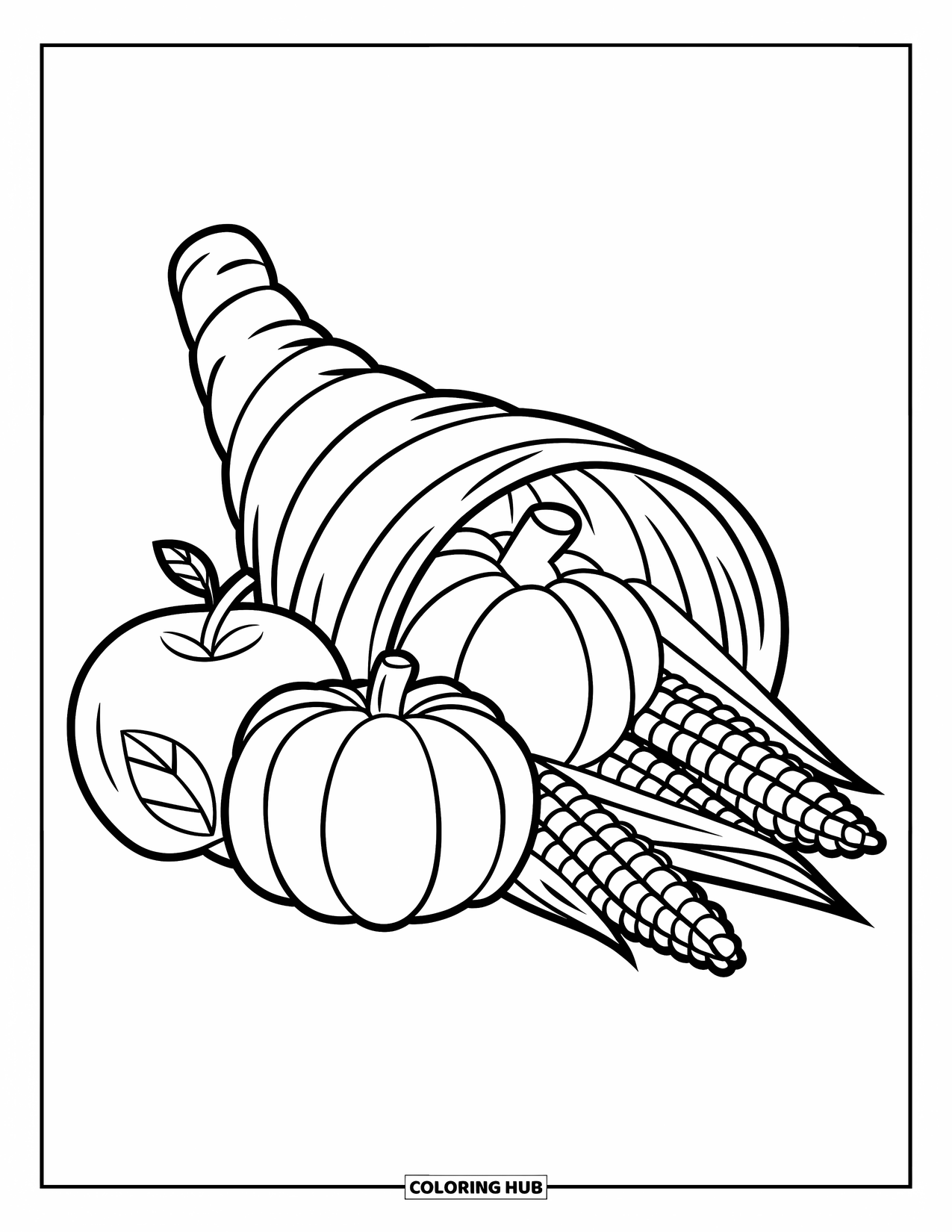 Cornucopia Coloring Page for Kids: A big, cheerful cornucopia filled with simple fruit shapes is ready for coloring
