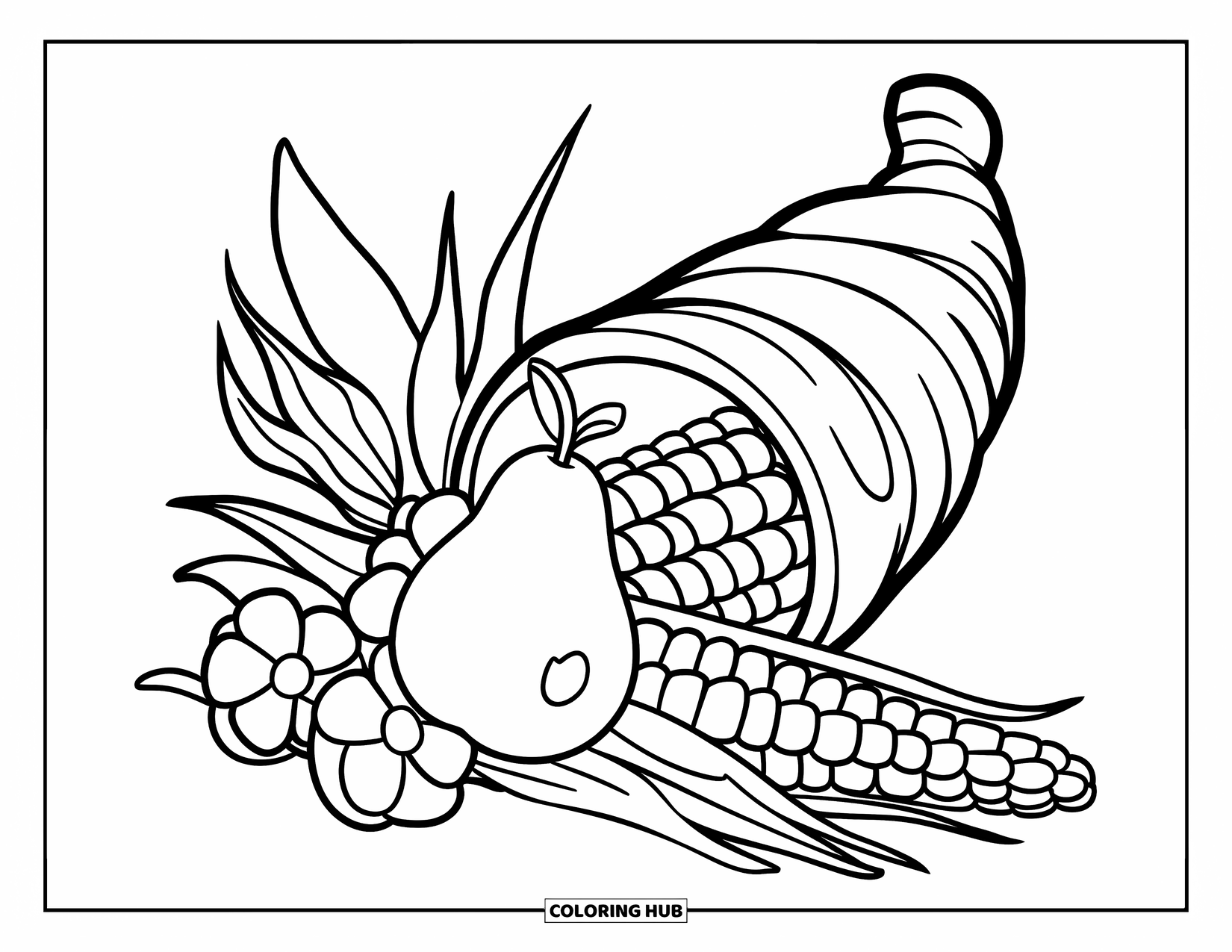 Cornucopia Coloring Page for Kids: A cheerful cornucopia with pear, corn, and flower features large, easy shapes