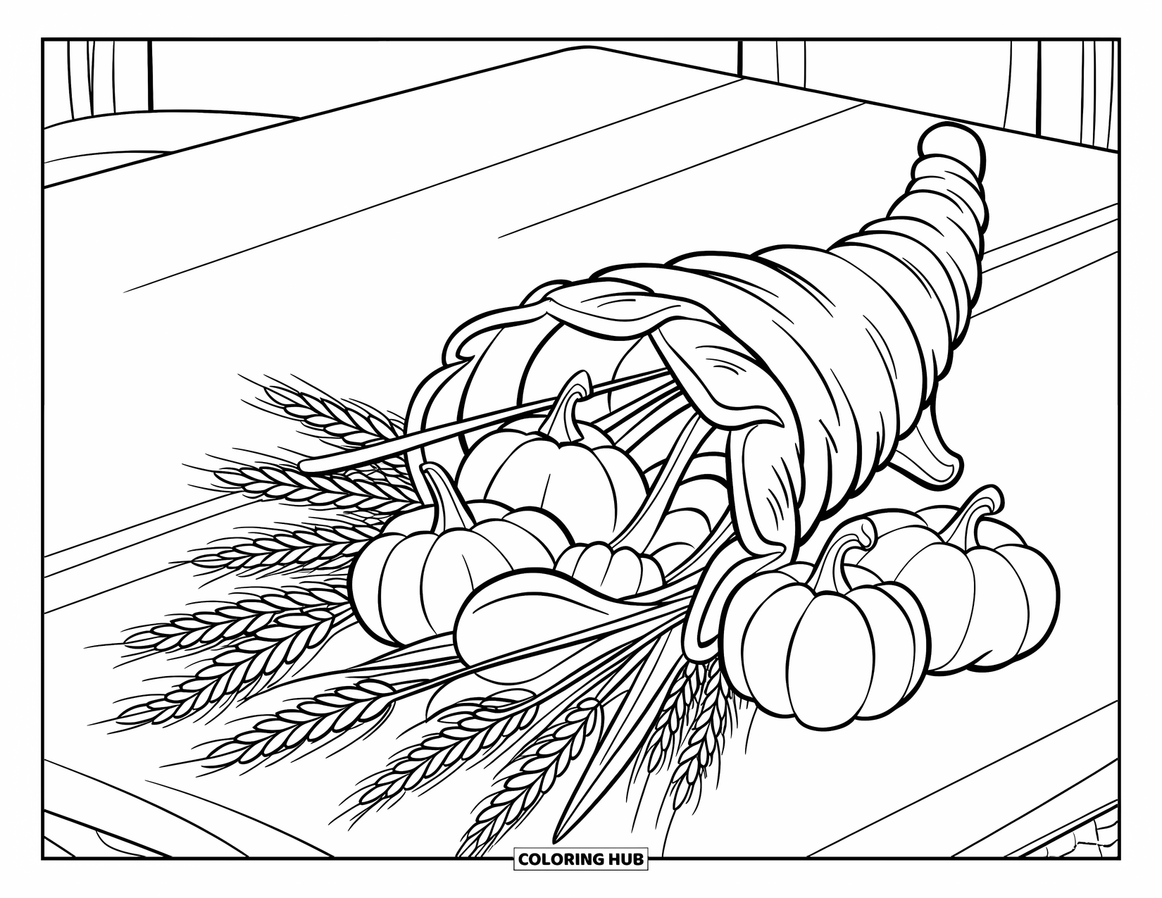 Cornucopia Coloring Page for Kids: A cornucopia filled with wheat and squash sits on a wooden stand