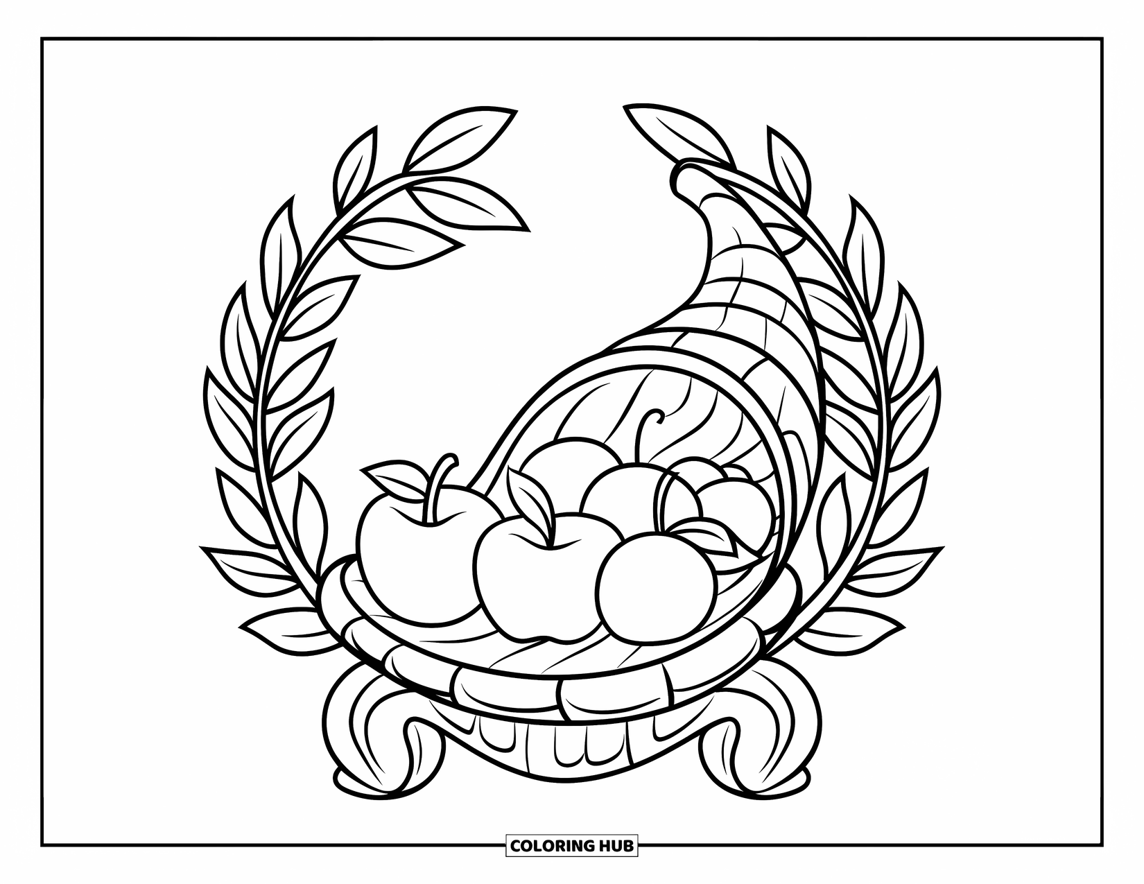 Cornucopia Coloring Page for Kids: A cornucopia holds apples, oranges, and lemon with leafy wreath around it