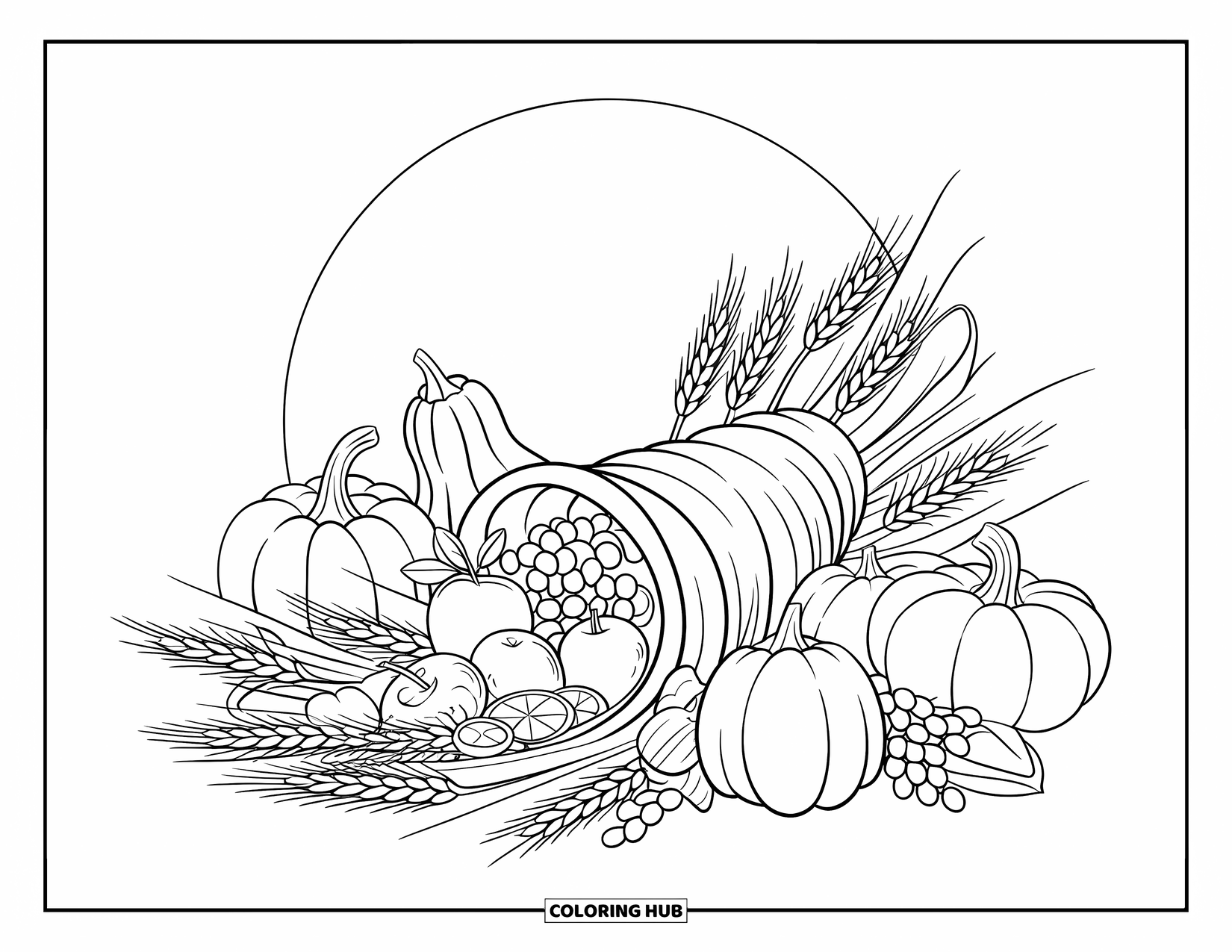 Cornucopia Coloring Page for Kids: A cornucopia overflows with fruits, squash, and ribbon-tied wheat