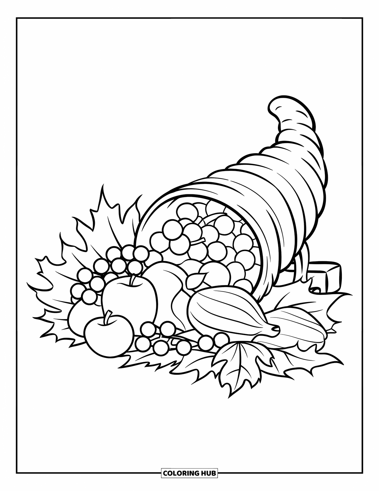 Cornucopia Coloring Page for Kids: A cornucopia with apples and squash spills from a wooden stand