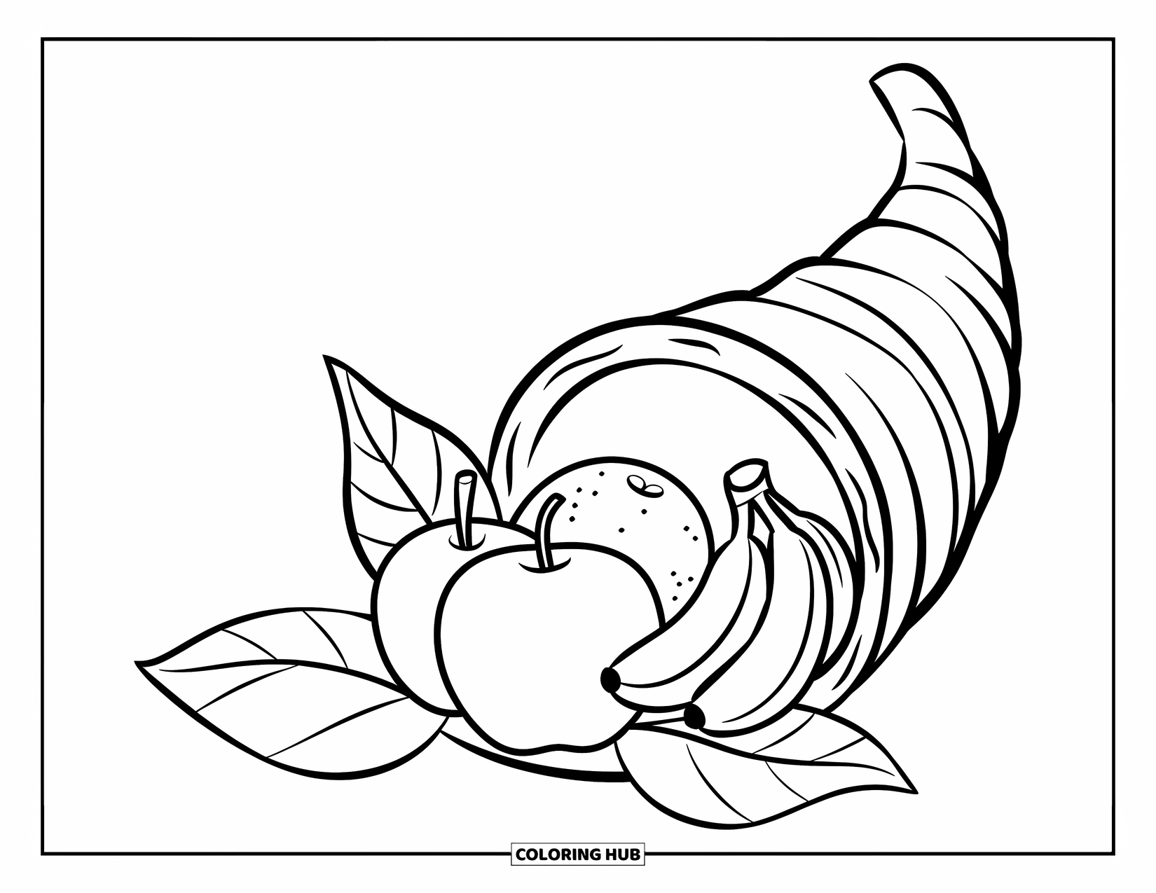 Cornucopia Coloring Page for Kids: A cornucopia with three fruits and two leaves rests on white