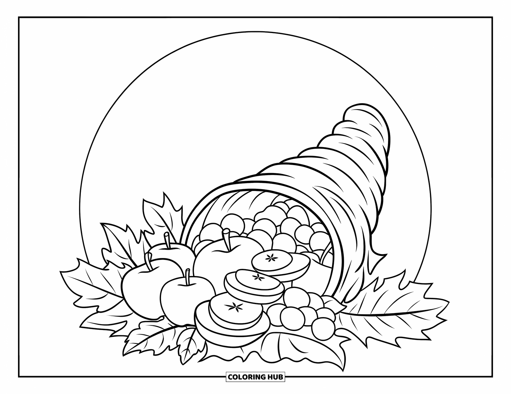 Cornucopia Coloring Page for Kids: A cozy cornucopia with heart and fruit floats above a white circle