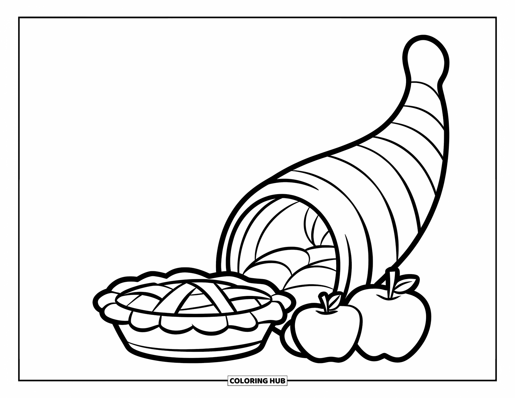 Cornucopia Coloring Page for Kids: A cozy cornucopia with pie and apples sits on a clean surface