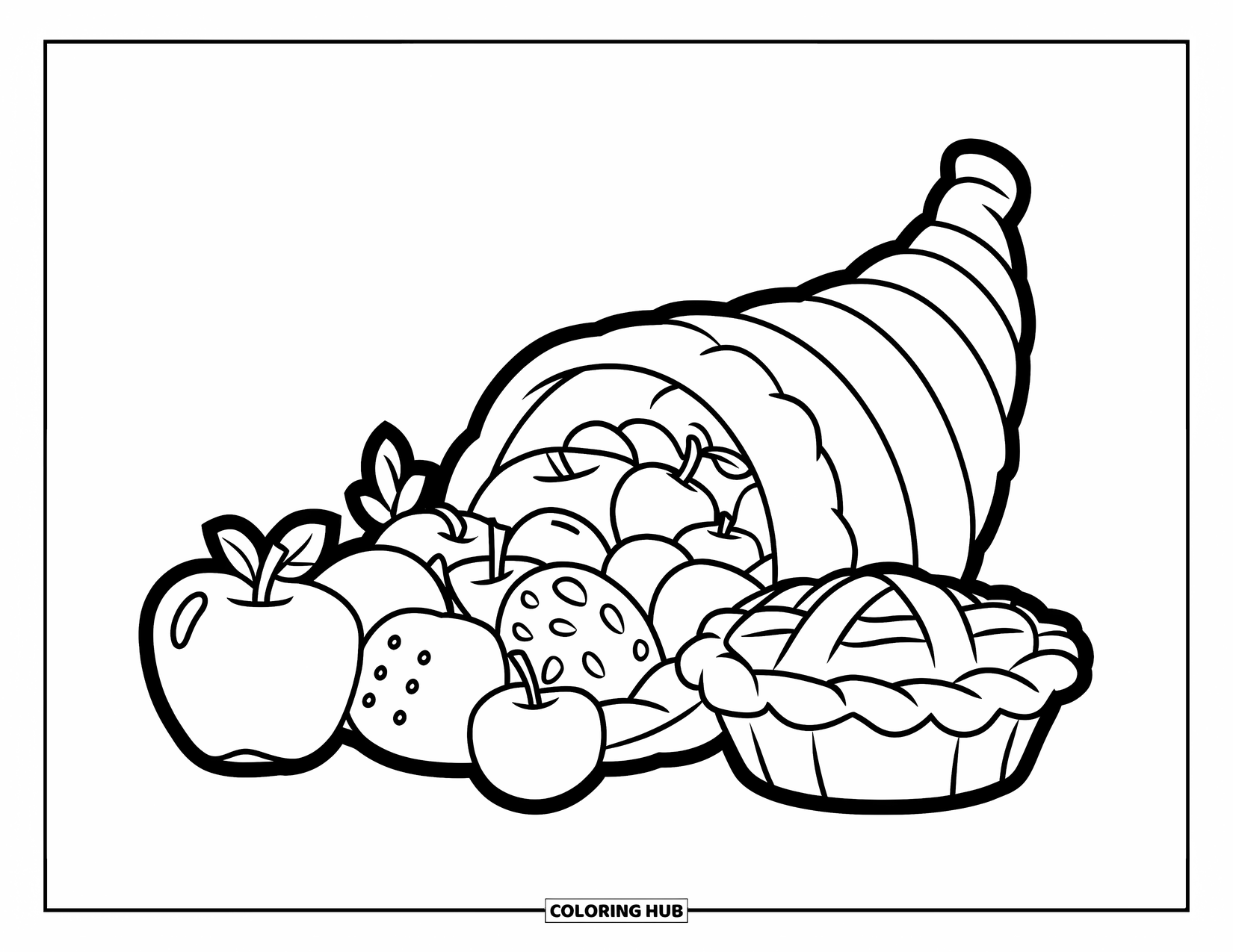 Cornucopia Coloring Page for Kids: A cute cornucopia overflows beside pie and apples