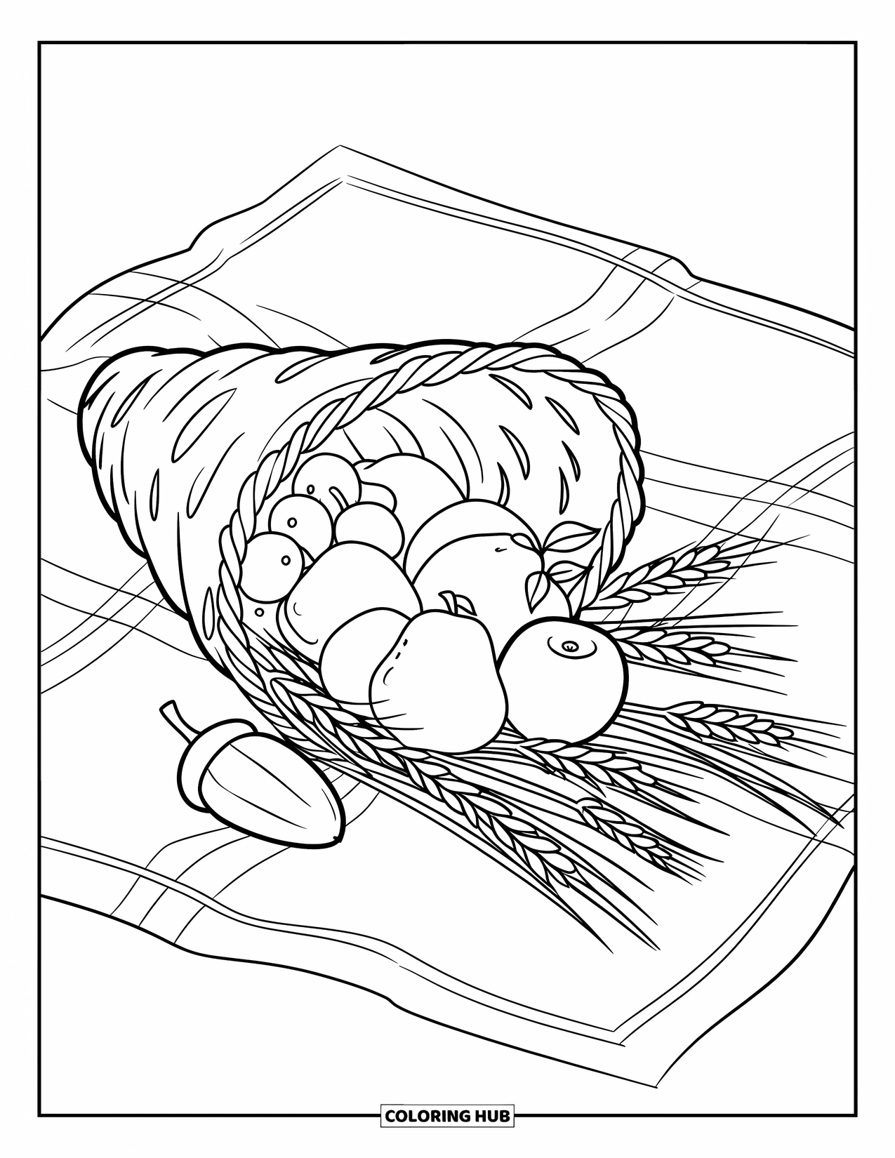 Cornucopia Coloring Page for Kids: A cute cornucopia rests on a picnic cloth with wheat and acorns