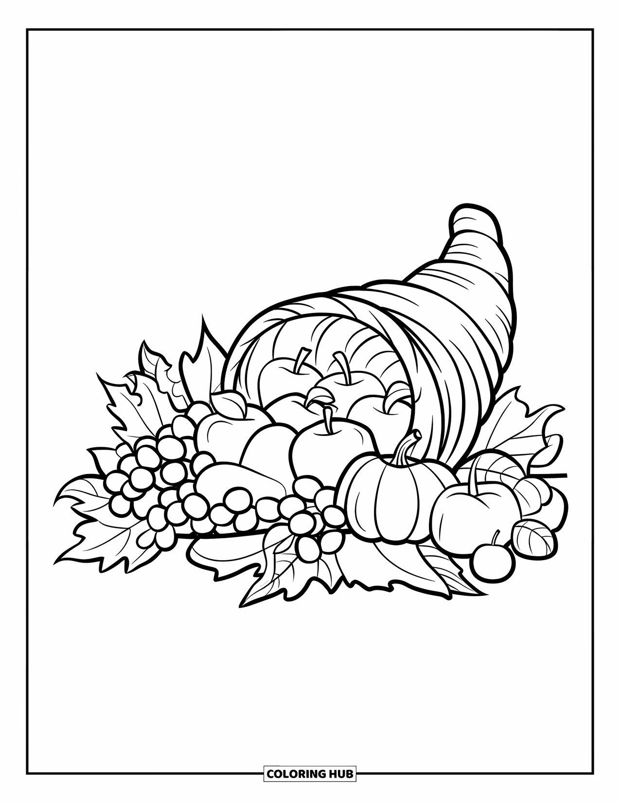 Cornucopia Coloring Page for Kids: A festive cornucopia on wood bursts with fruit and leaves