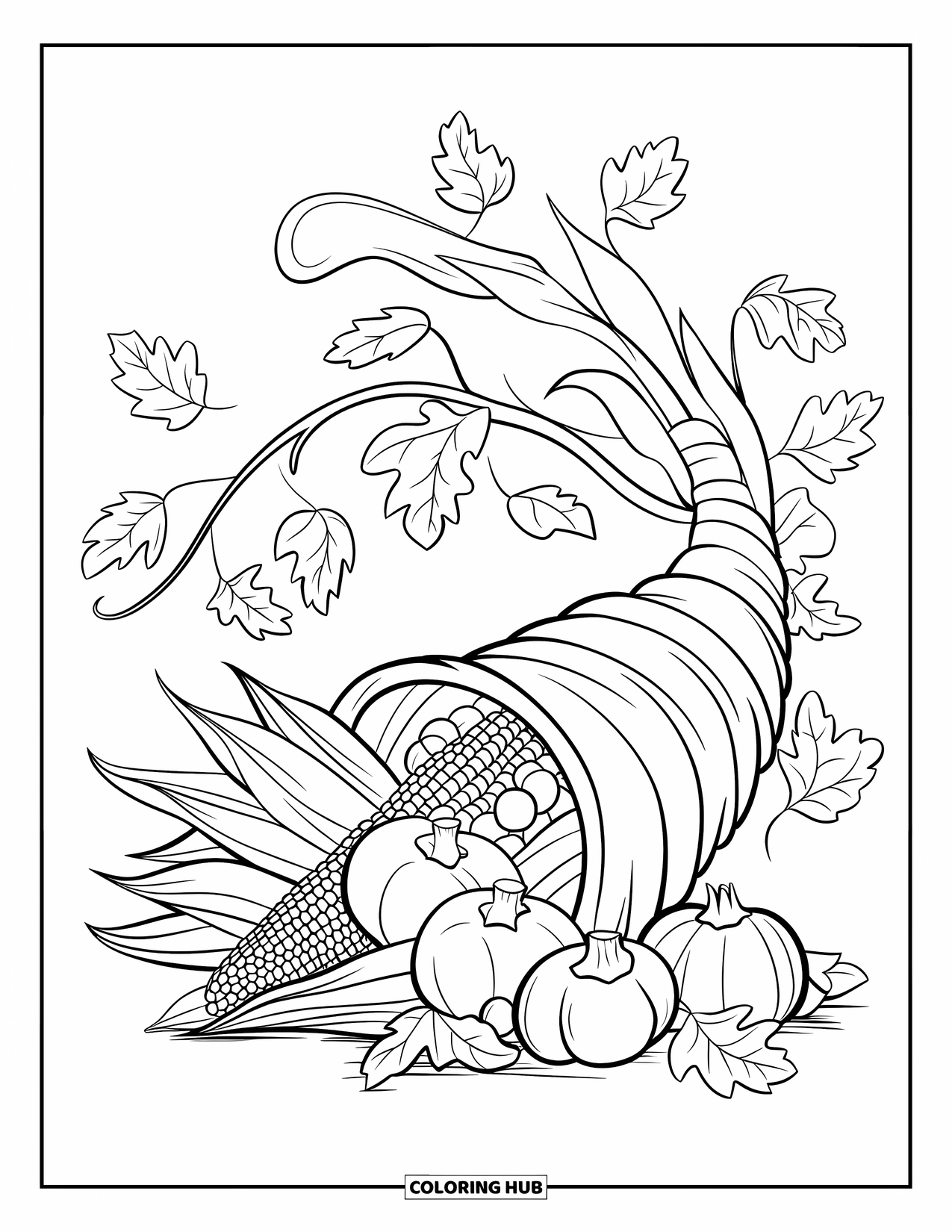 Cornucopia Coloring Page for Kids: A fruit-filled cornucopia is framed by swirling autumn leaves