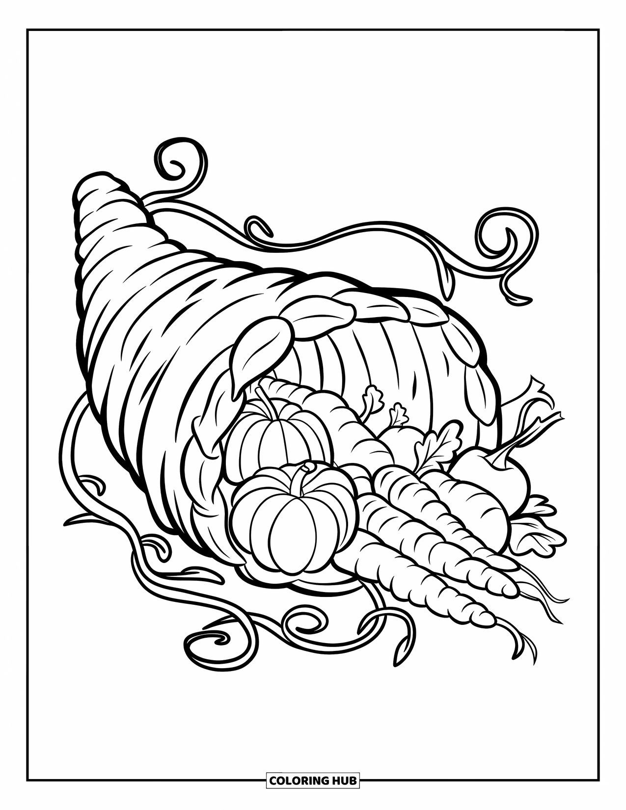 Cornucopia Coloring Page for Kids: A tilted cornucopia overflows with vegetables and curly vines