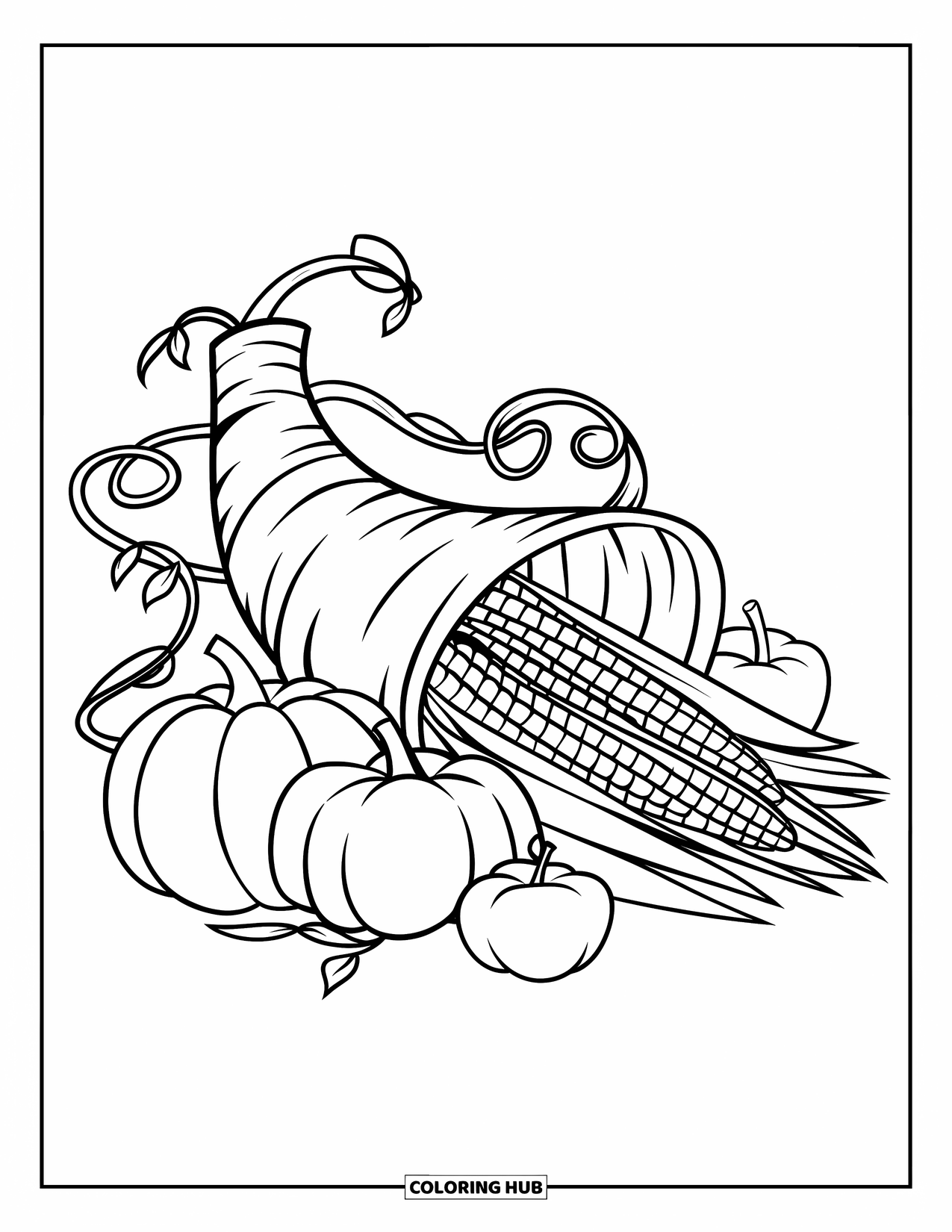 Cornucopia Coloring Page for Kids: A tilted cornucopia spills corn and pumpkins, surrounded by vines