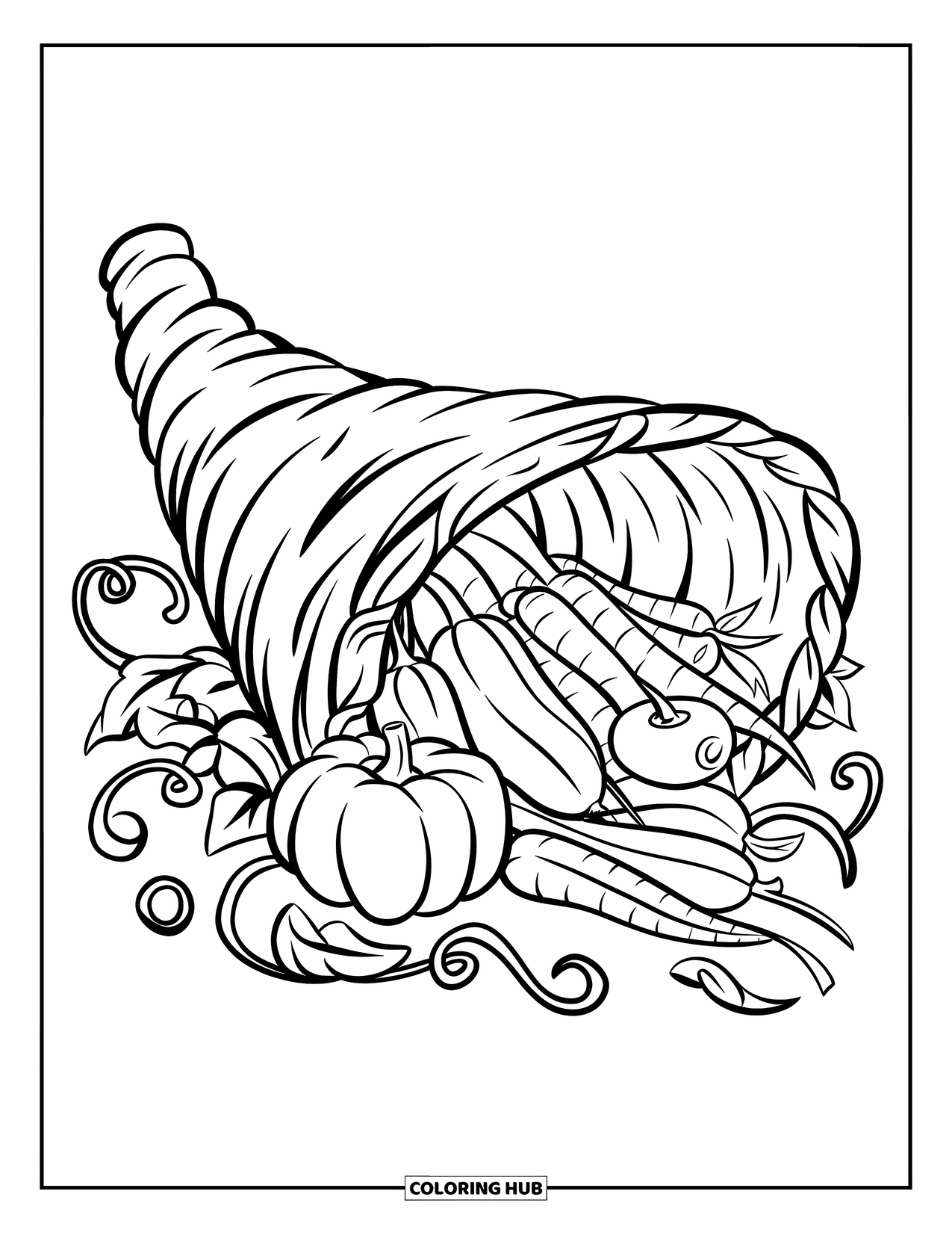 Cornucopia Coloring Page for Kids: A vine-wrapped cornucopia tilts, filled with harvest veggies