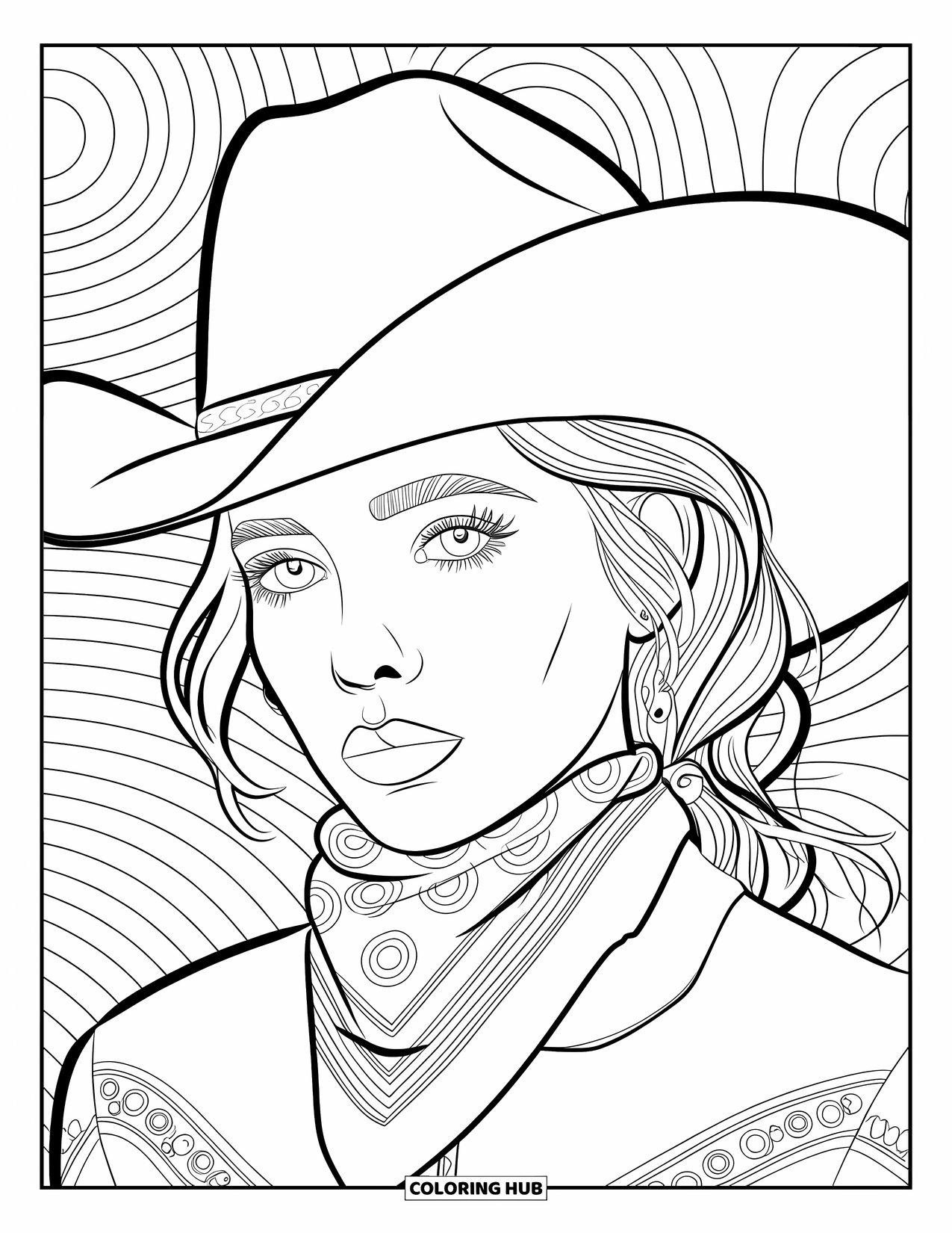 Cow Girl Coloring Page for Adults: A cowgirl adjusts her bandana with swirls in the background