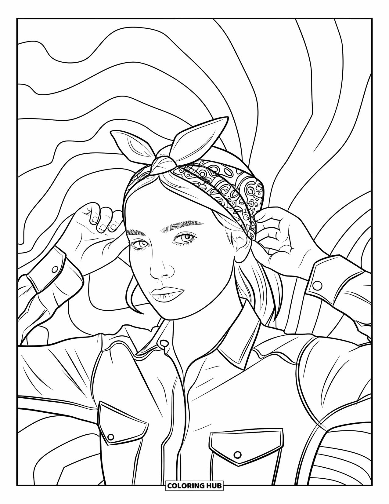 Cow Girl Coloring Page for Adults: A cowgirl fixes her bandana, surrounded by swirling patterns