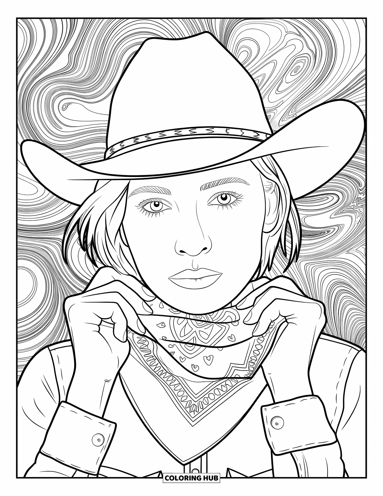 Cow Girl Coloring Page for Adults: A cowgirl in a western hat adjusts her bandana in a swirl-filled scene