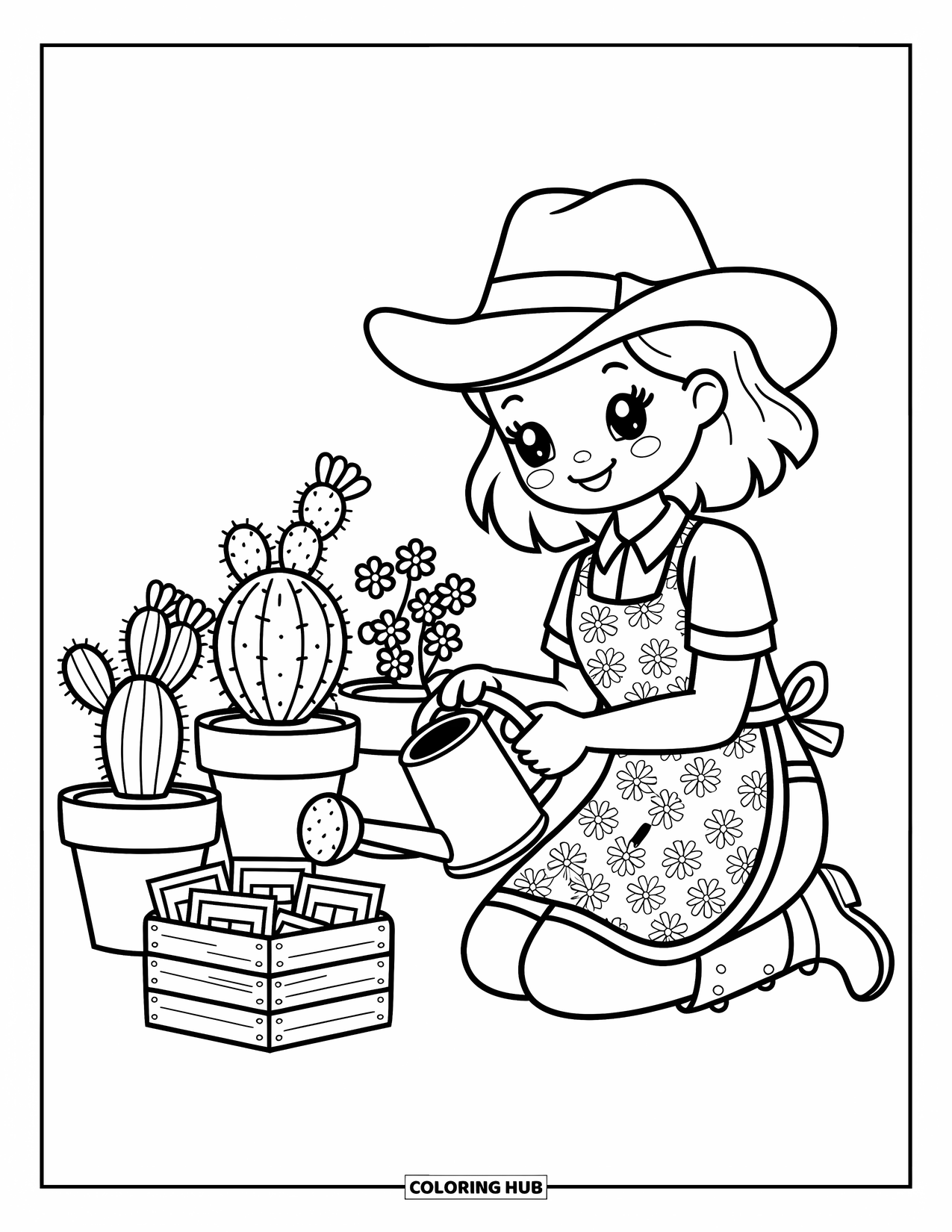 Cow Girl Coloring Page for Adults: A cowgirl kneels by her plants with seed packets and a boot watering can