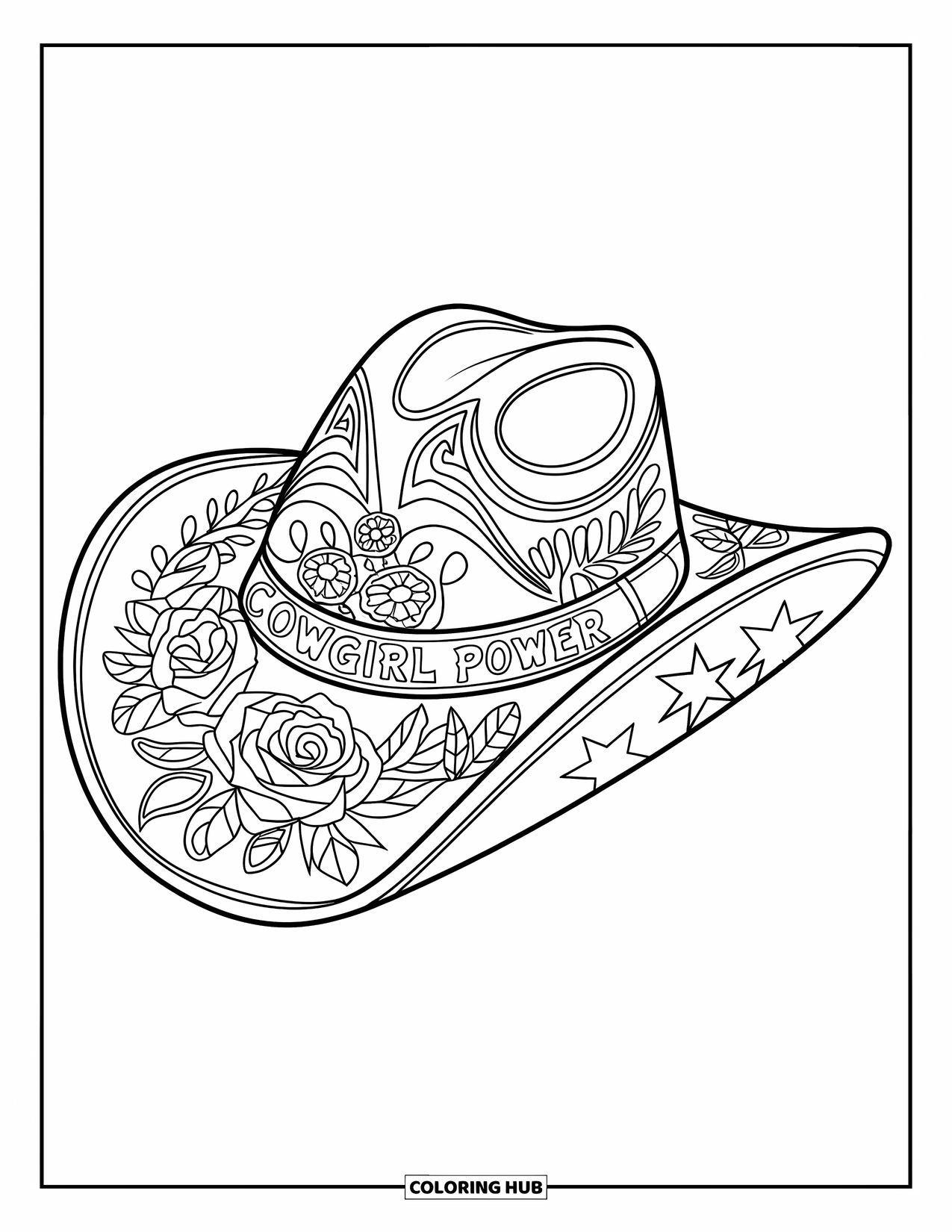 Cow Girl Coloring Page for Adults: A "Cowgirl Power" hat with roses, stars, and stripes sits on a white page