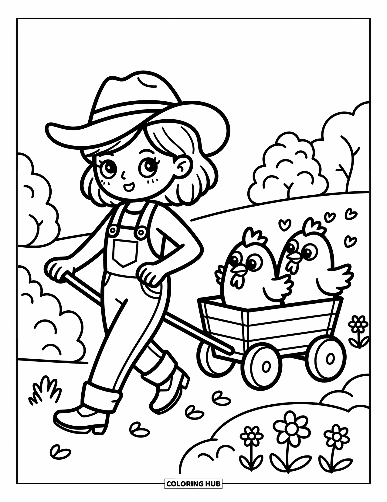 Cow Girl Coloring Page for Adults: A cowgirl pulls a wagon of hay while chickens ride along the flower path