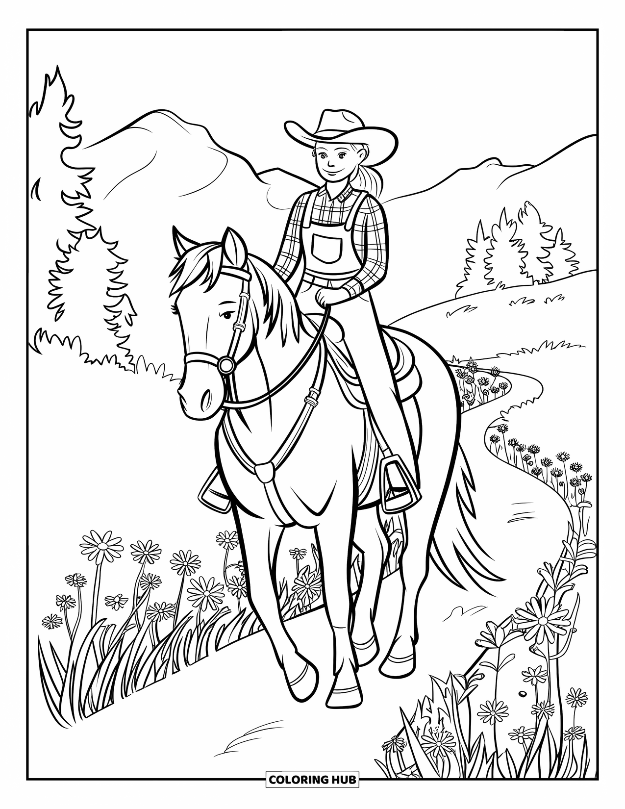 Cow Girl Coloring Page for Adults: A cowgirl rides a horse along a path lined with wildflowers and distant mountains