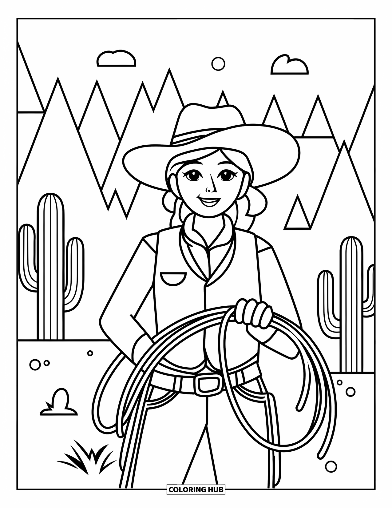 Cow Girl Coloring Page for Adults: A cowgirl stands in a desert with mountains and tall cacti behind her