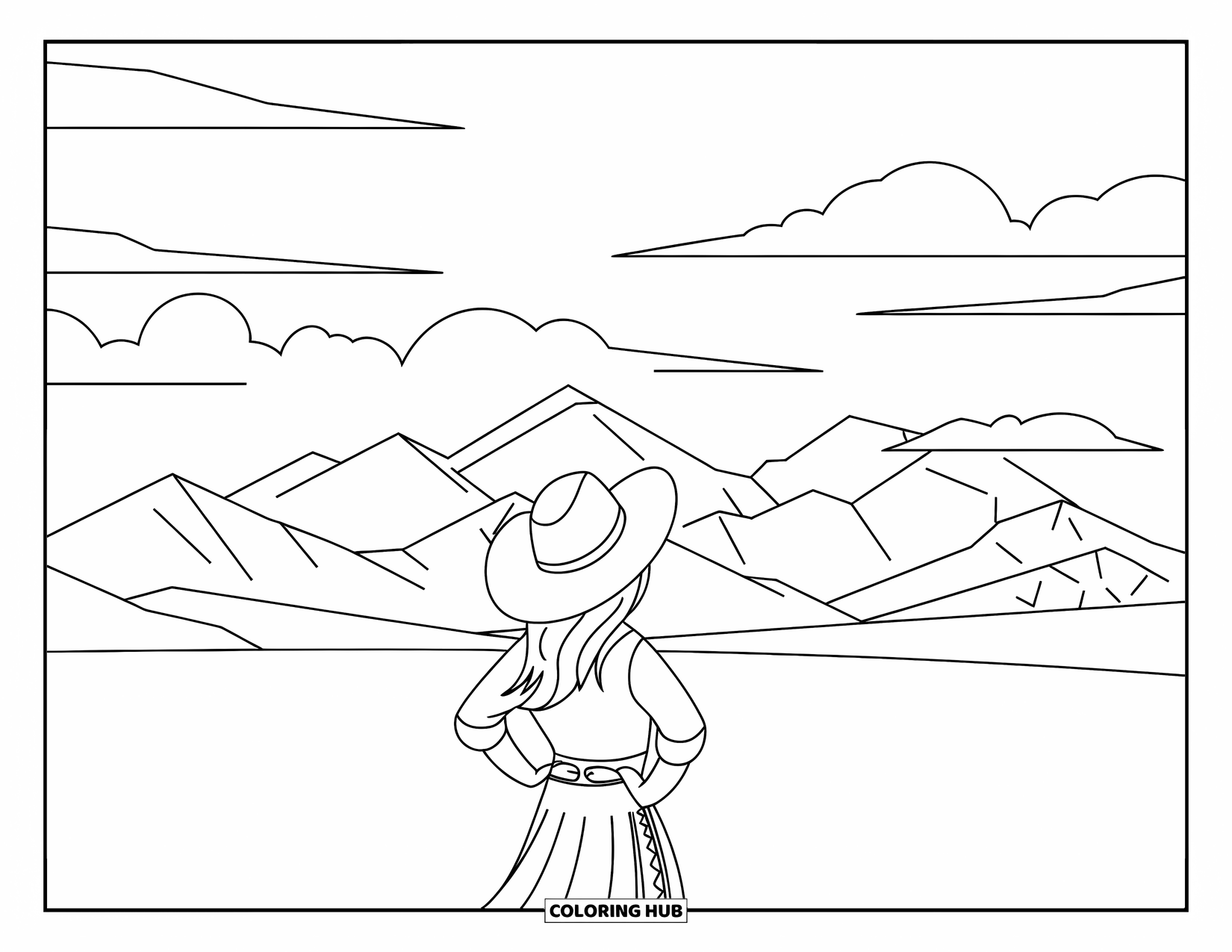 Cow Girl Coloring Page for Adults: A cowgirl stands with hands on hips, looking at faraway mountains