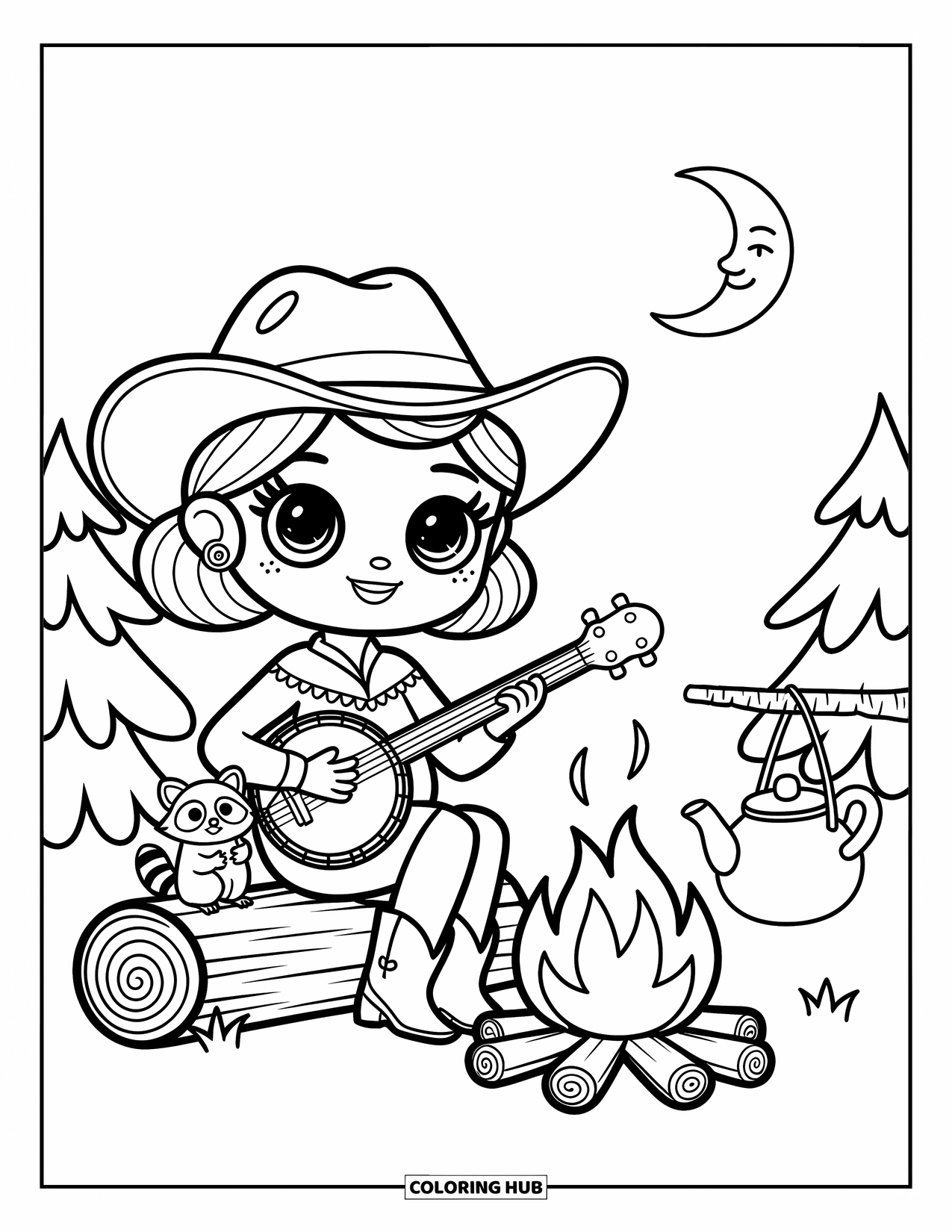 Cow Girl Coloring Page for Adults: A cowgirl strums by the fire with a raccoon and moonlit trees in the background