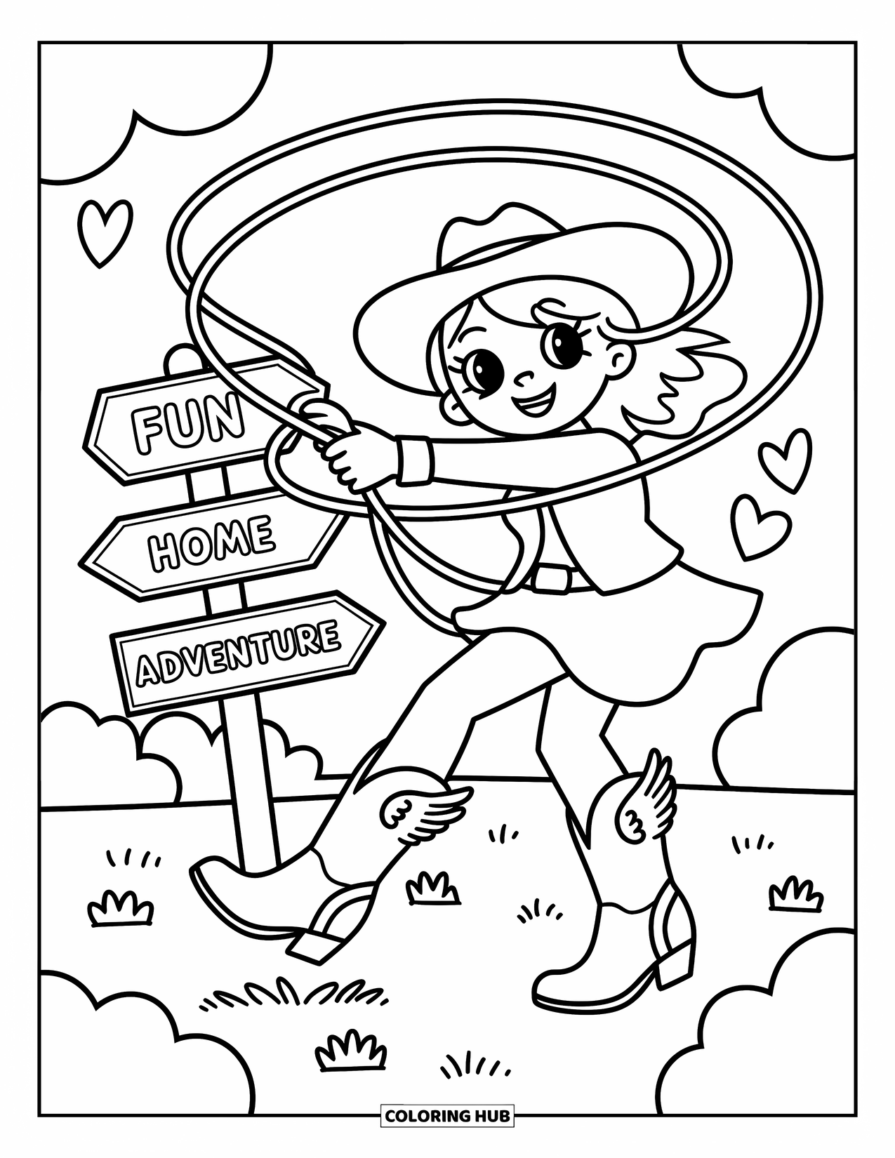 Cow Girl Coloring Page for Adults: A cowgirl twirls her lasso mid-spin with wind in her hair and tiny winged boots