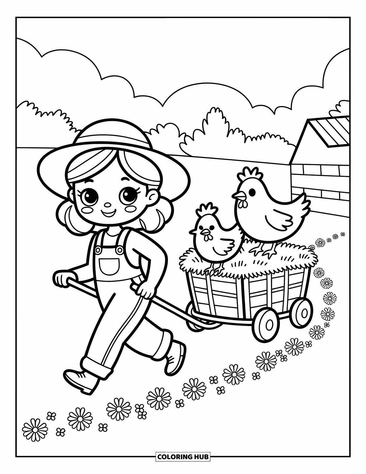 Cow Girl Coloring Page for Adults: A cowgirl walks a trail with chickens in a wagon and flowers behind her