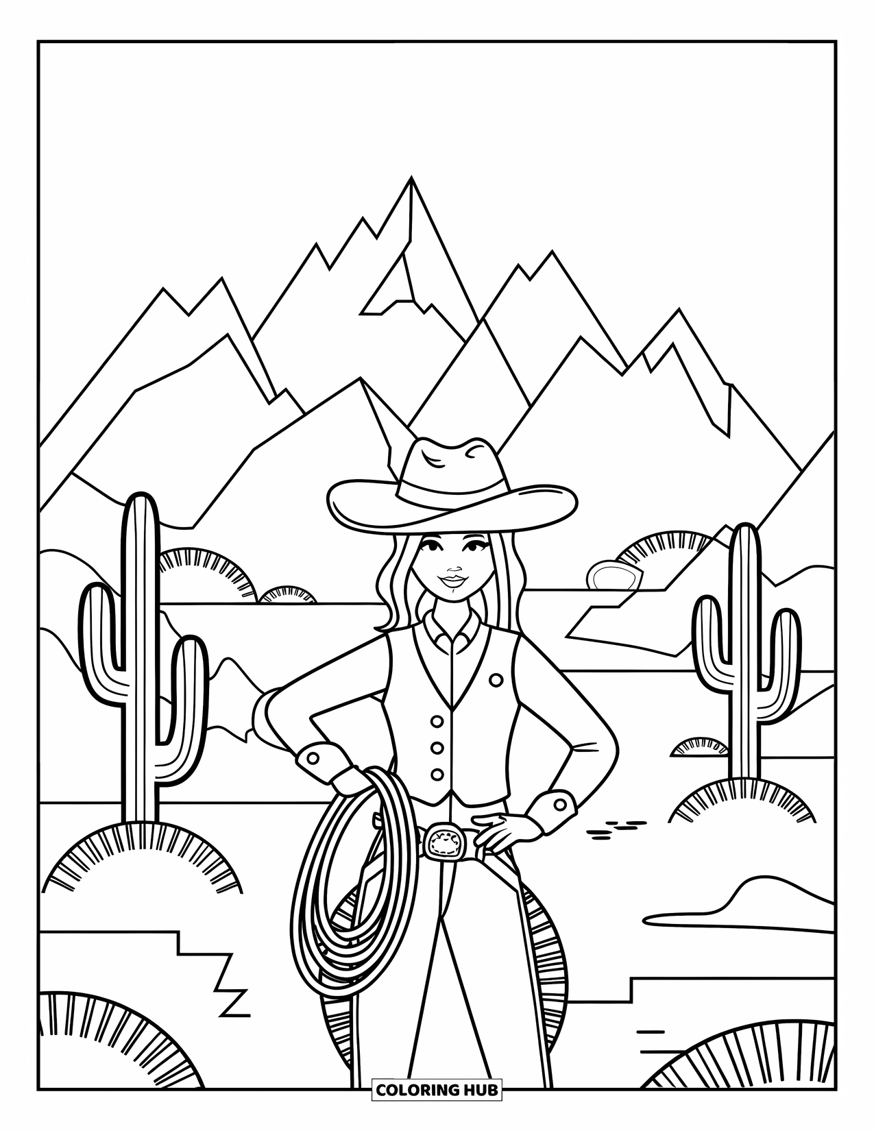 Cow Girl Coloring Page for Adults: A cowgirl with a vest and lasso stands in a desert with mountains and gradient tones