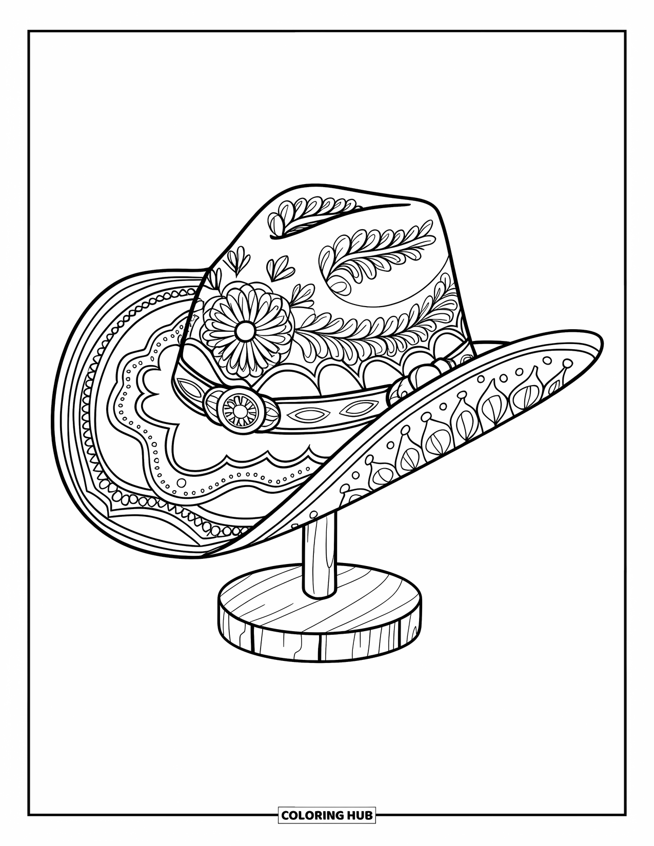 Cow Girl Coloring Page for Adults: A floral-decorated cowgirl hat sits on a wooden stand with no background