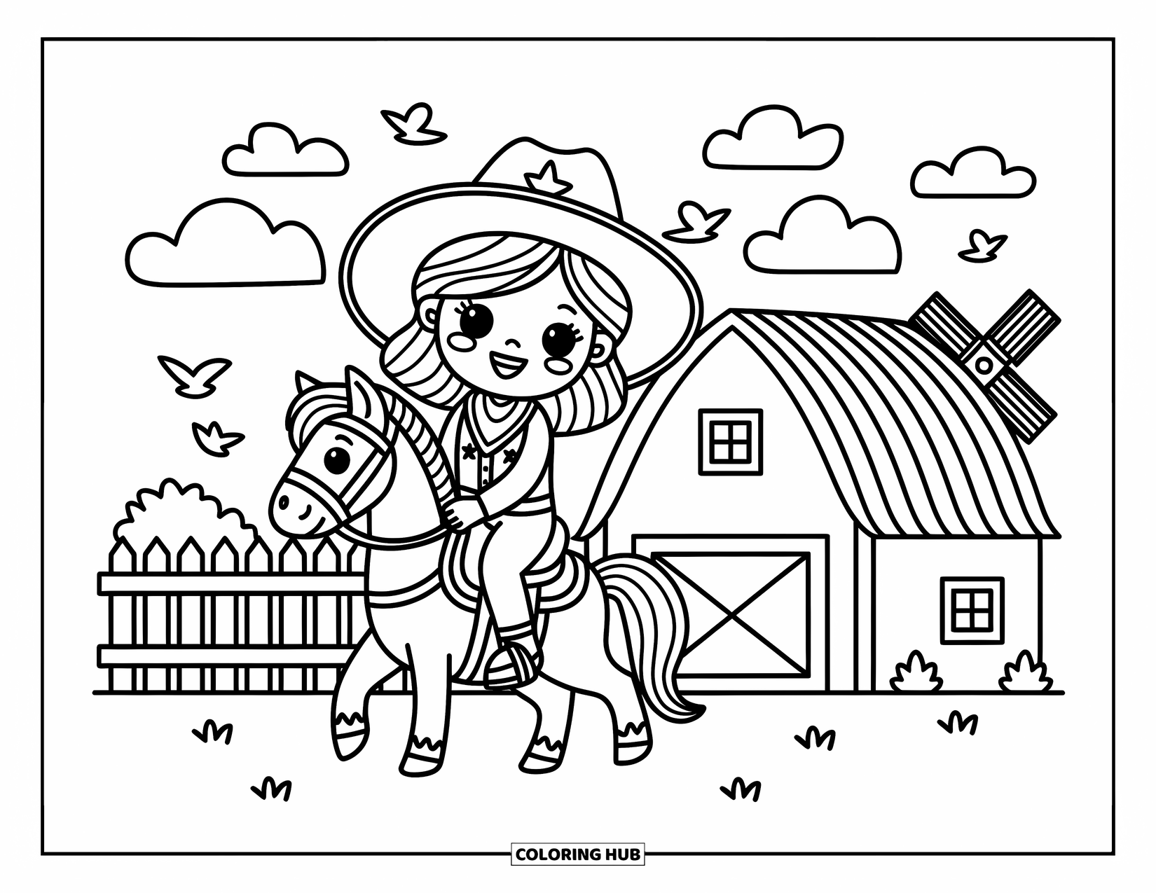 Cow Girl Coloring Page for Adults: A joyful cowgirl waves her lasso while riding a wooden hobby horse