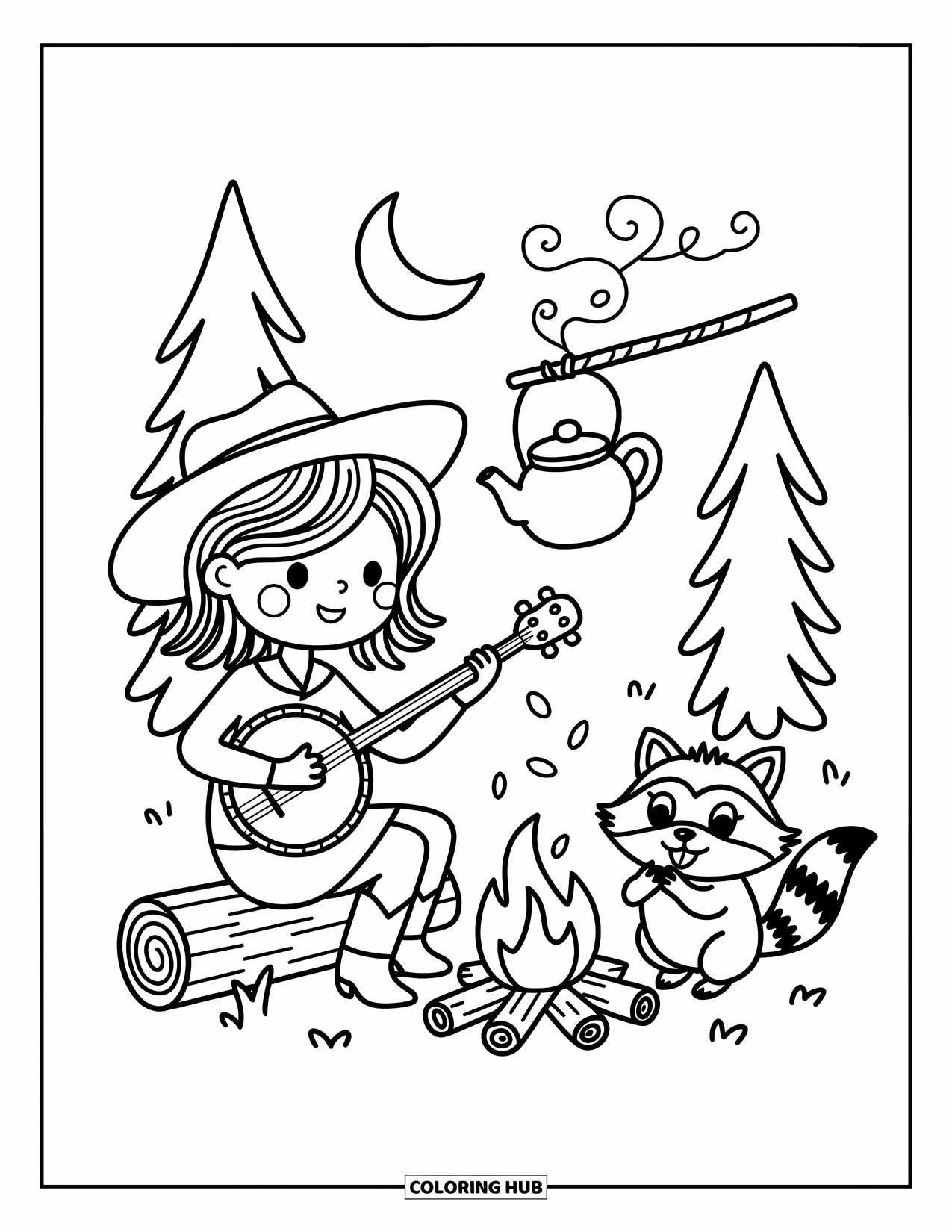 Cow Girl Coloring Page for Adults: A raccoon cheers as a cowgirl plays banjo by a cozy forest campfire