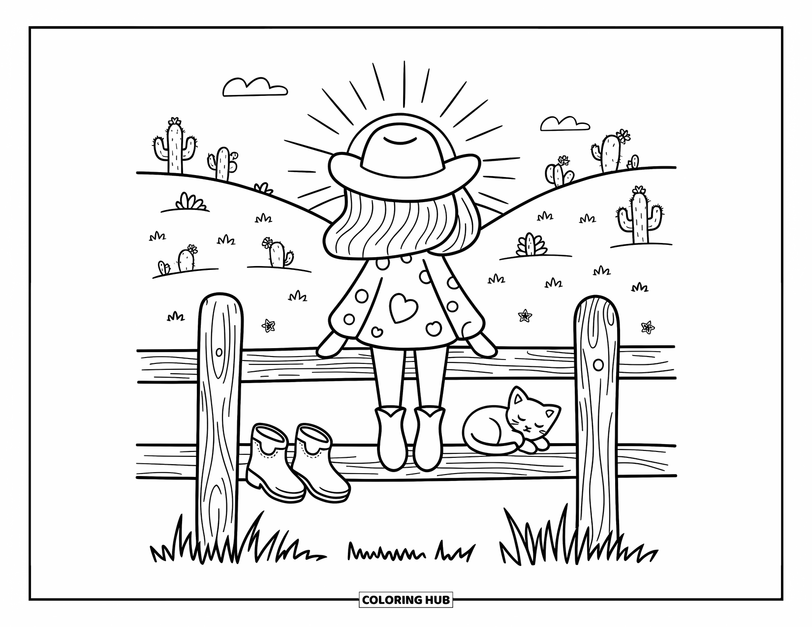 Cow Girl Coloring Page for Adults: A relaxed cowgirl swings her legs from a fence at sunset with a kitten nearby