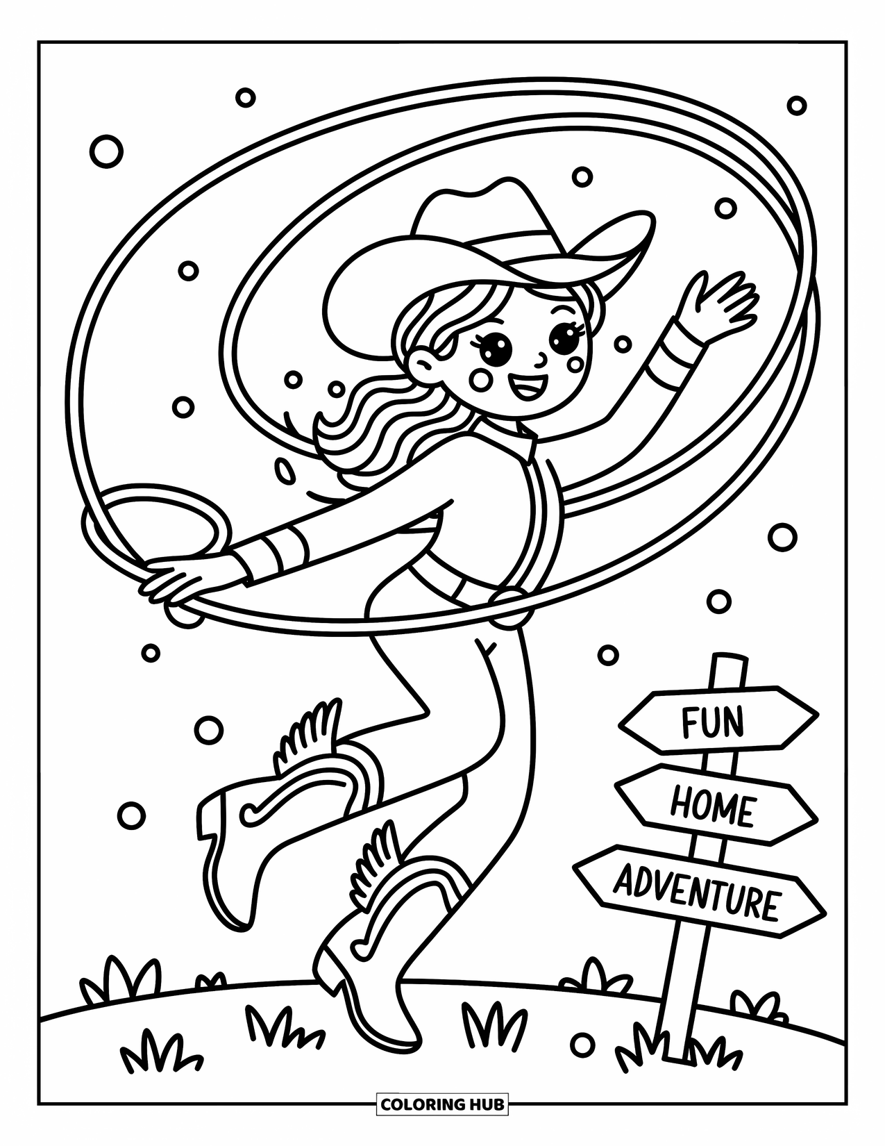 Cow Girl Coloring Page for Adults: A spinning cowgirl with winged boots twirls her lasso in a playful breeze