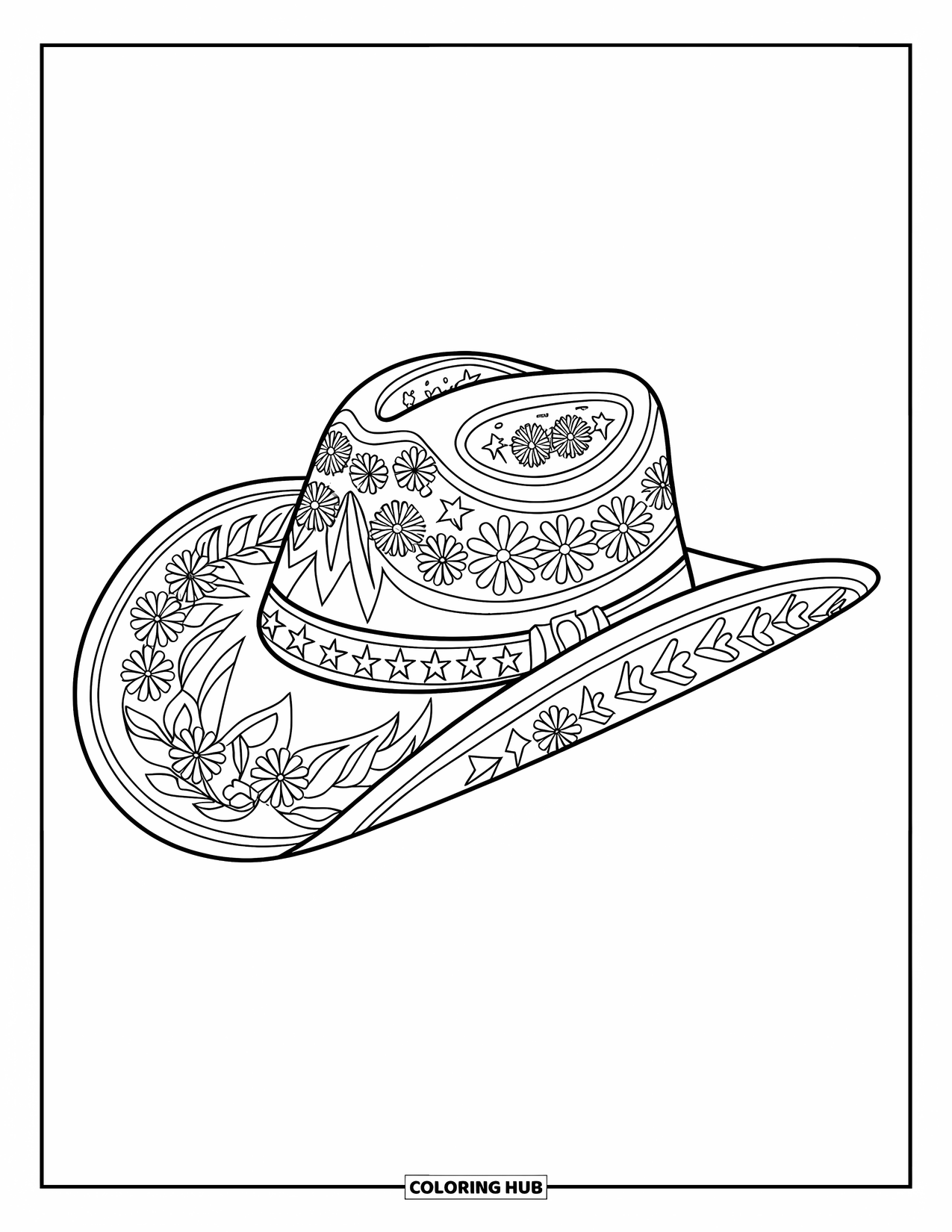 Cow Girl Coloring Page for Adults: A wide-brim hat with flowers and stripes rests on a plain white background