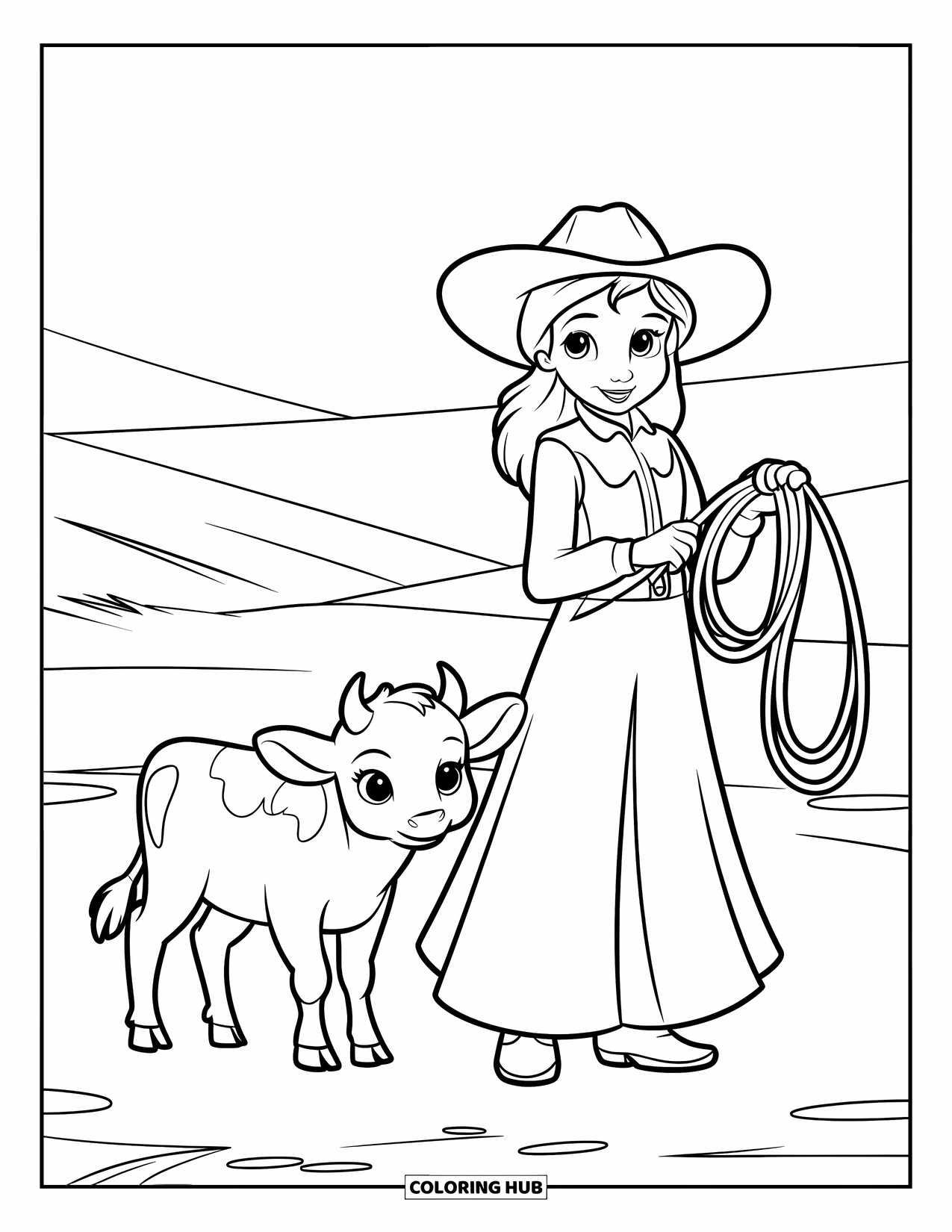 Cow Girl Coloring Page for Kids: A cheerful cowgirl holds a lasso beside a baby cow under a clear sky