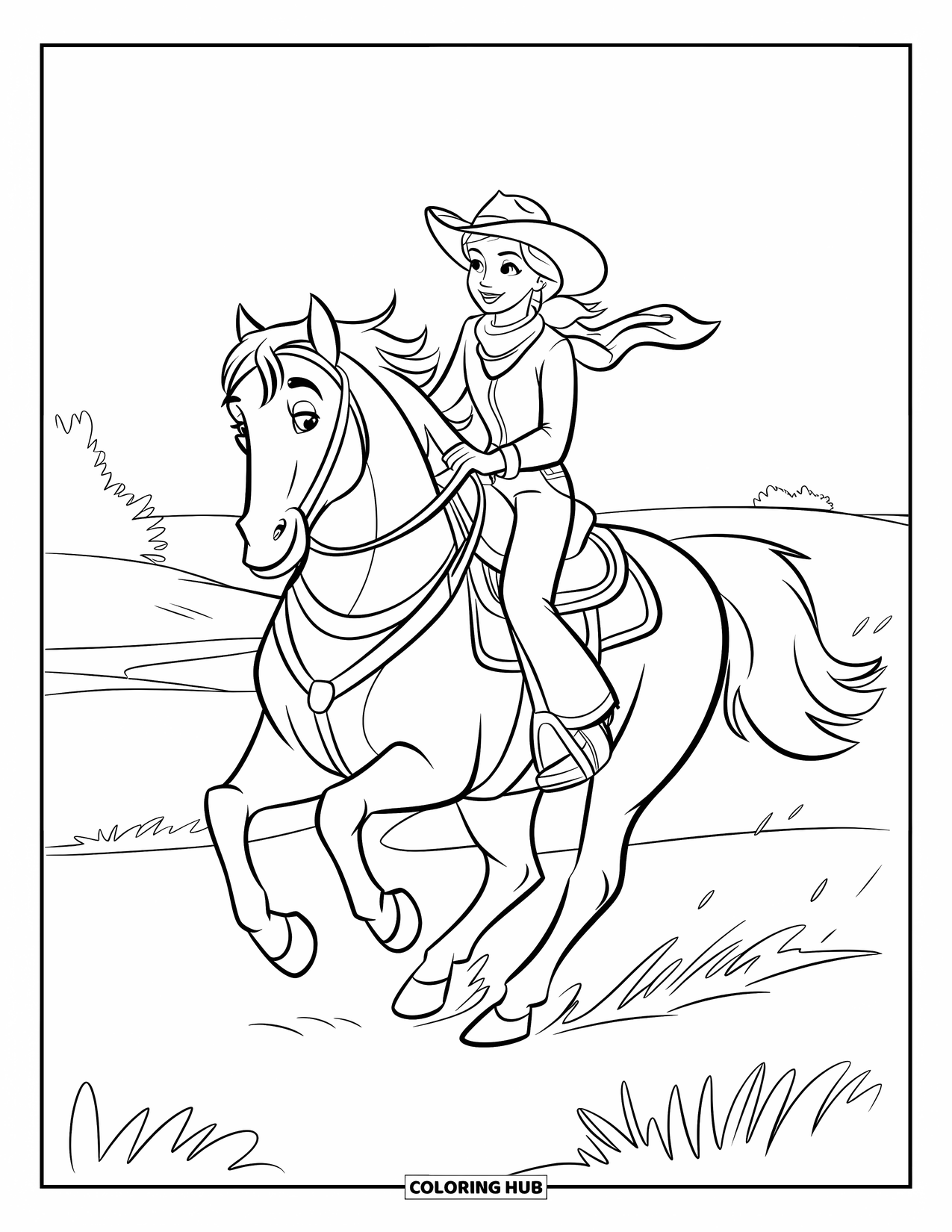 Cow Girl Coloring Page for Kids: A confident cowgirl rides a galloping horse across the wide prairie