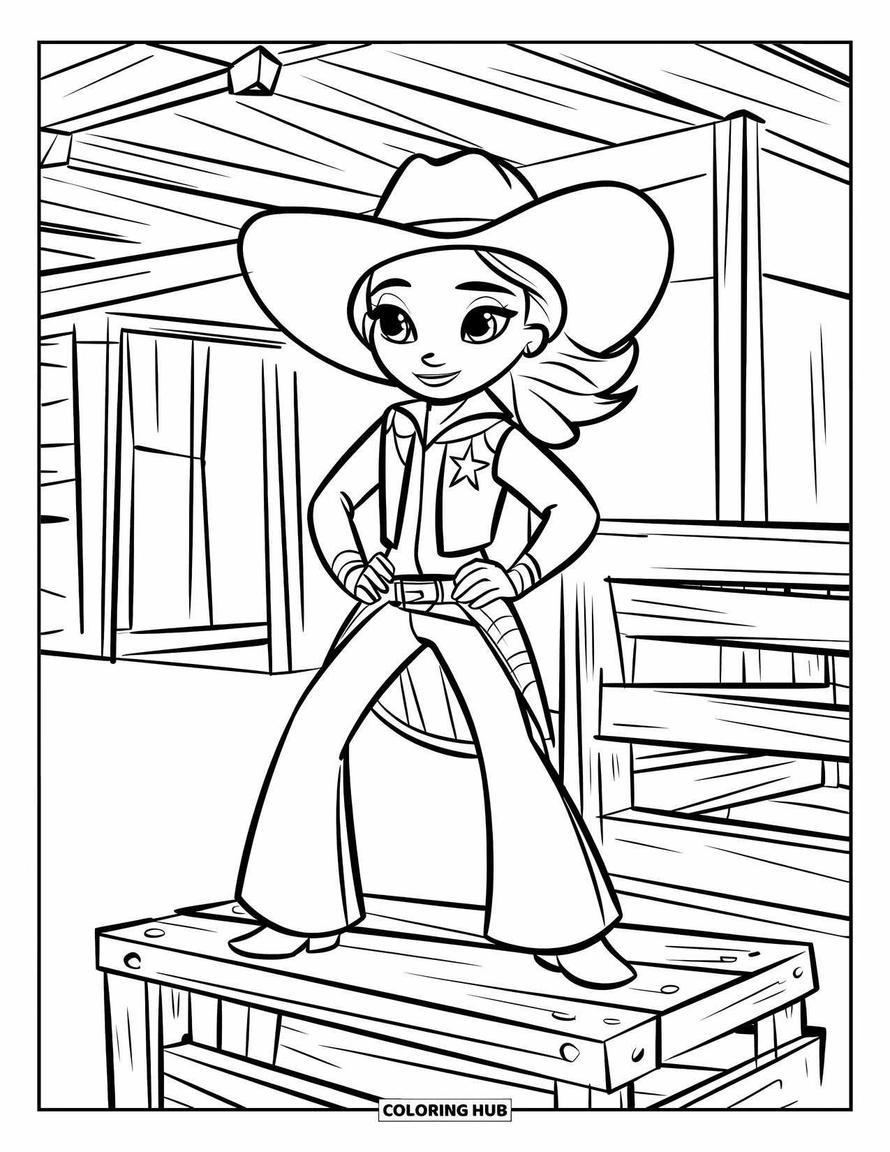 Cow Girl Coloring Page for Kids: A confident cowgirl with a badge stands tall on a wooden crate